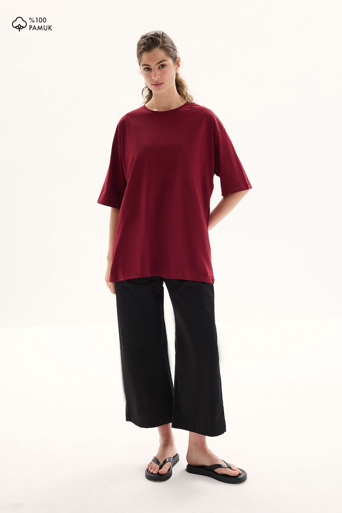 Hooopstore Oversize Kısa Kol Bordo Pamuklu Tişört