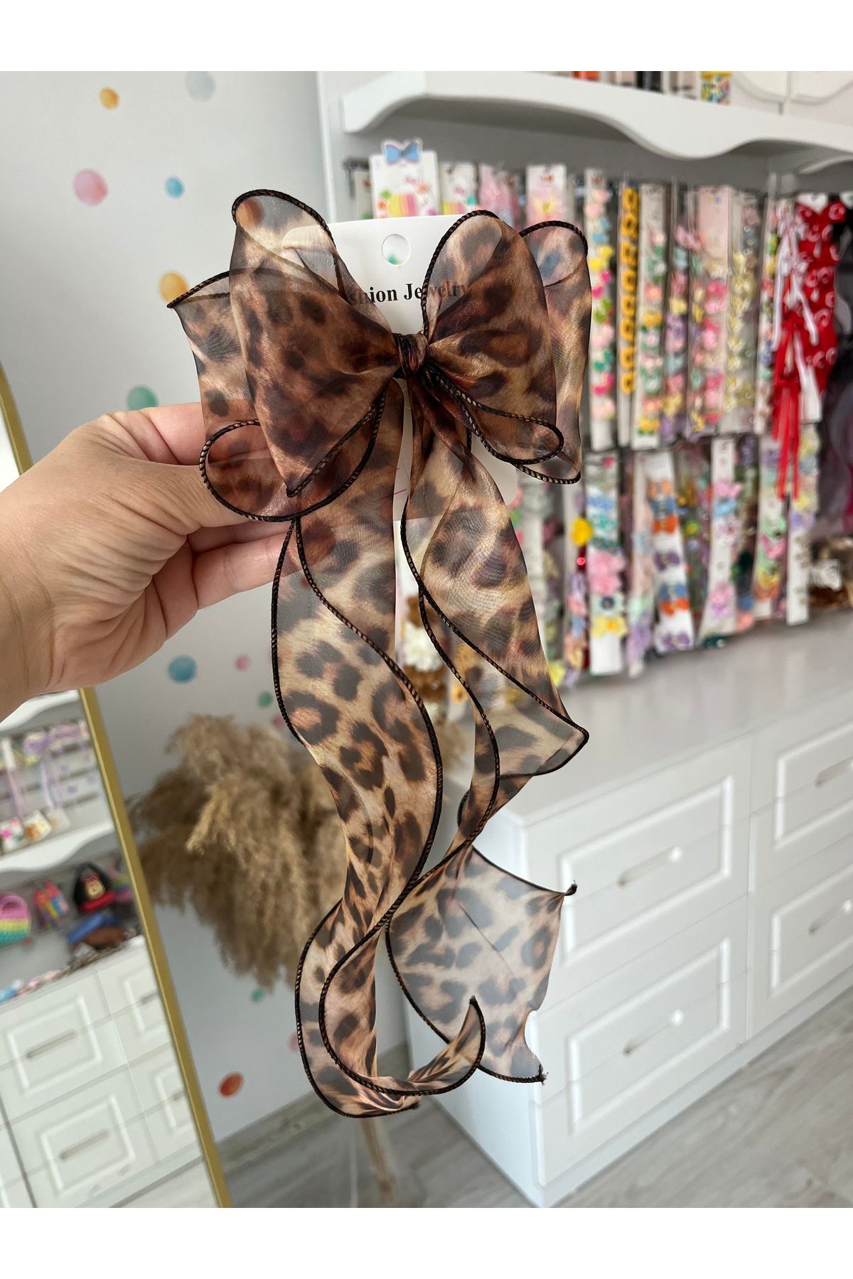 pempem bandana kız bebek/çocuk leopar desenli sallantılı otomatik toka