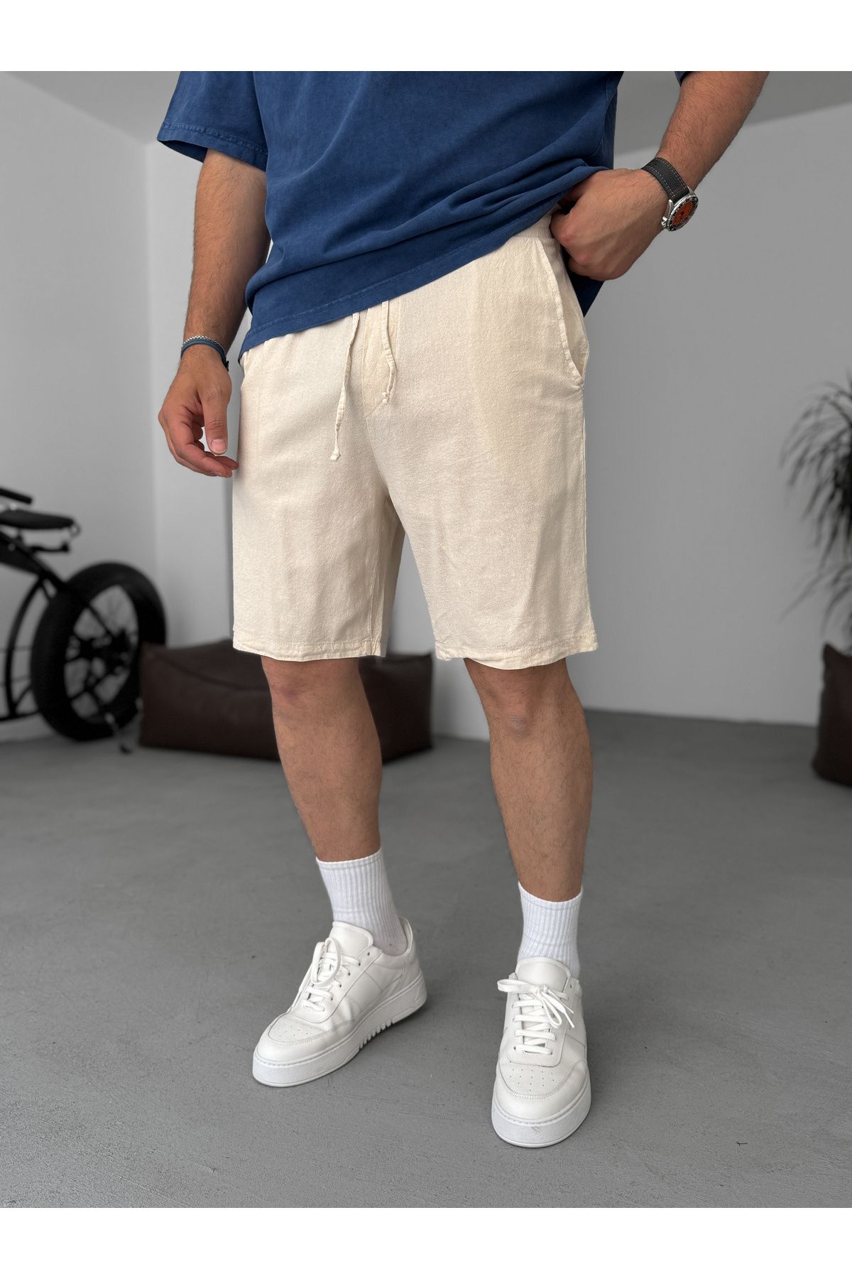 BYBASICMAN Bej Basic Pamuk Keten Şort V-24
