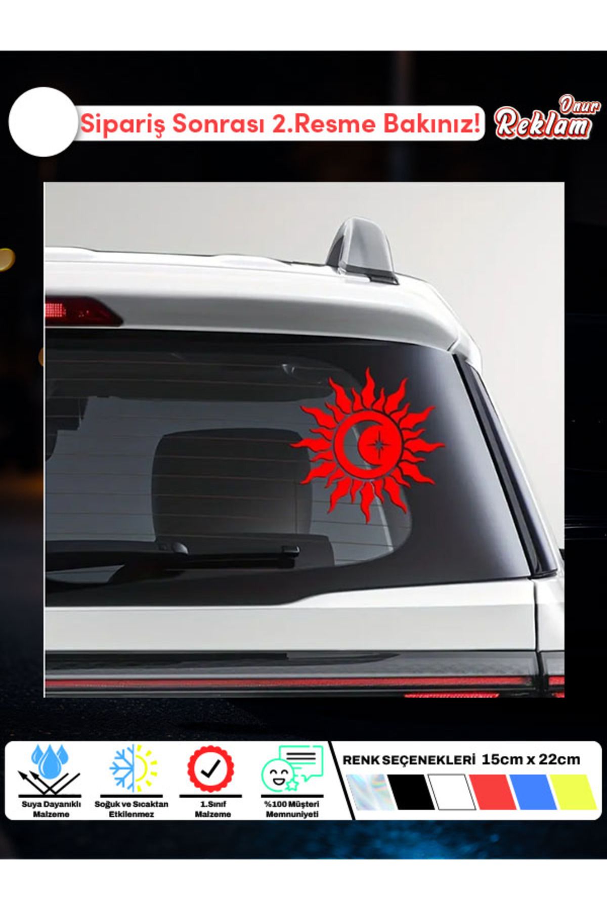 Onur Reklam Güneş ve Hilal Temalı Araç Sticker – Spiritüel Tasarım 15x22 cm