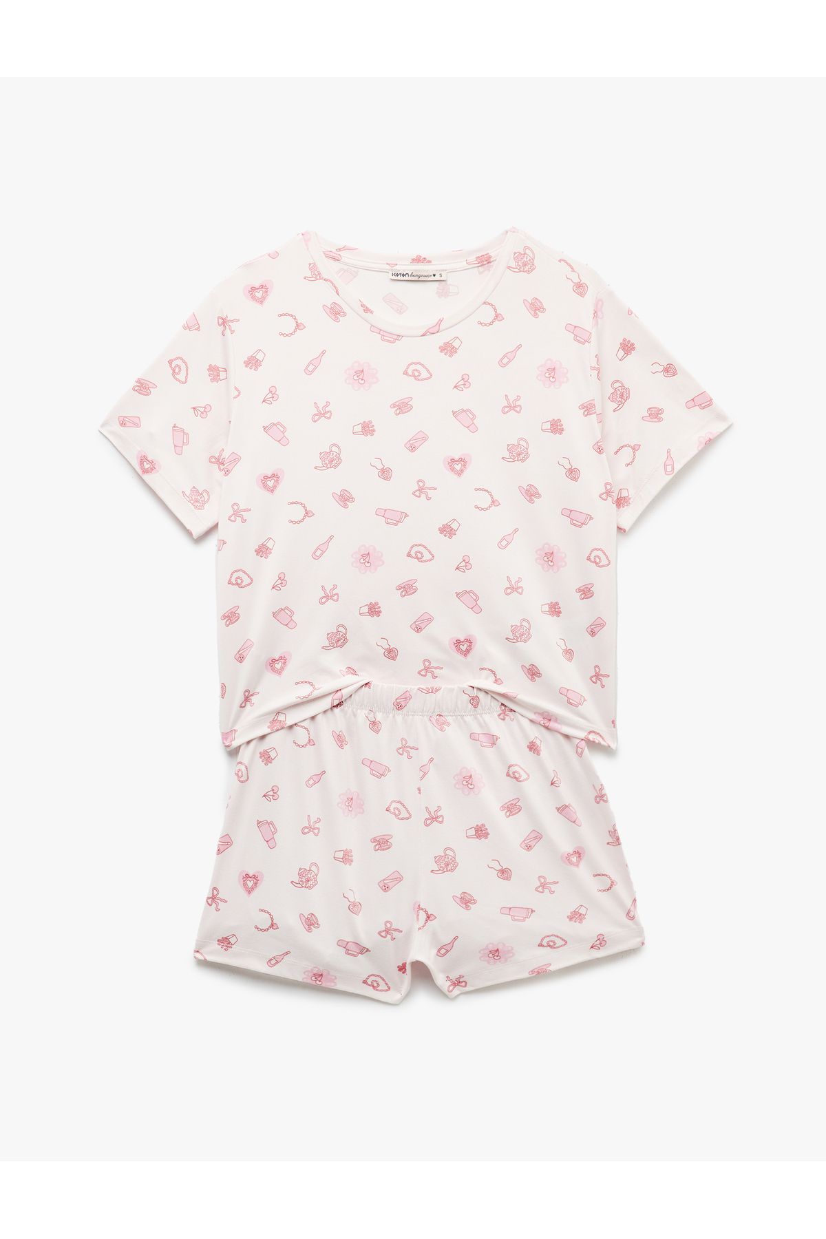 Koton Kısa Kollu Bisiklet Yaka Baskılı Rahat Kalıp Şortlu Pijama Takımı