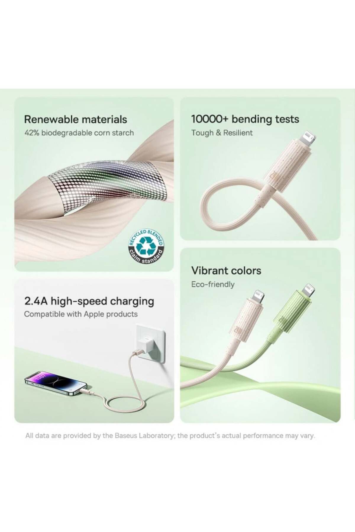 Baseus-USB to Lightning cable, 480Mbps, 2.4A, 2m - (P10360200631-01) - Green 6