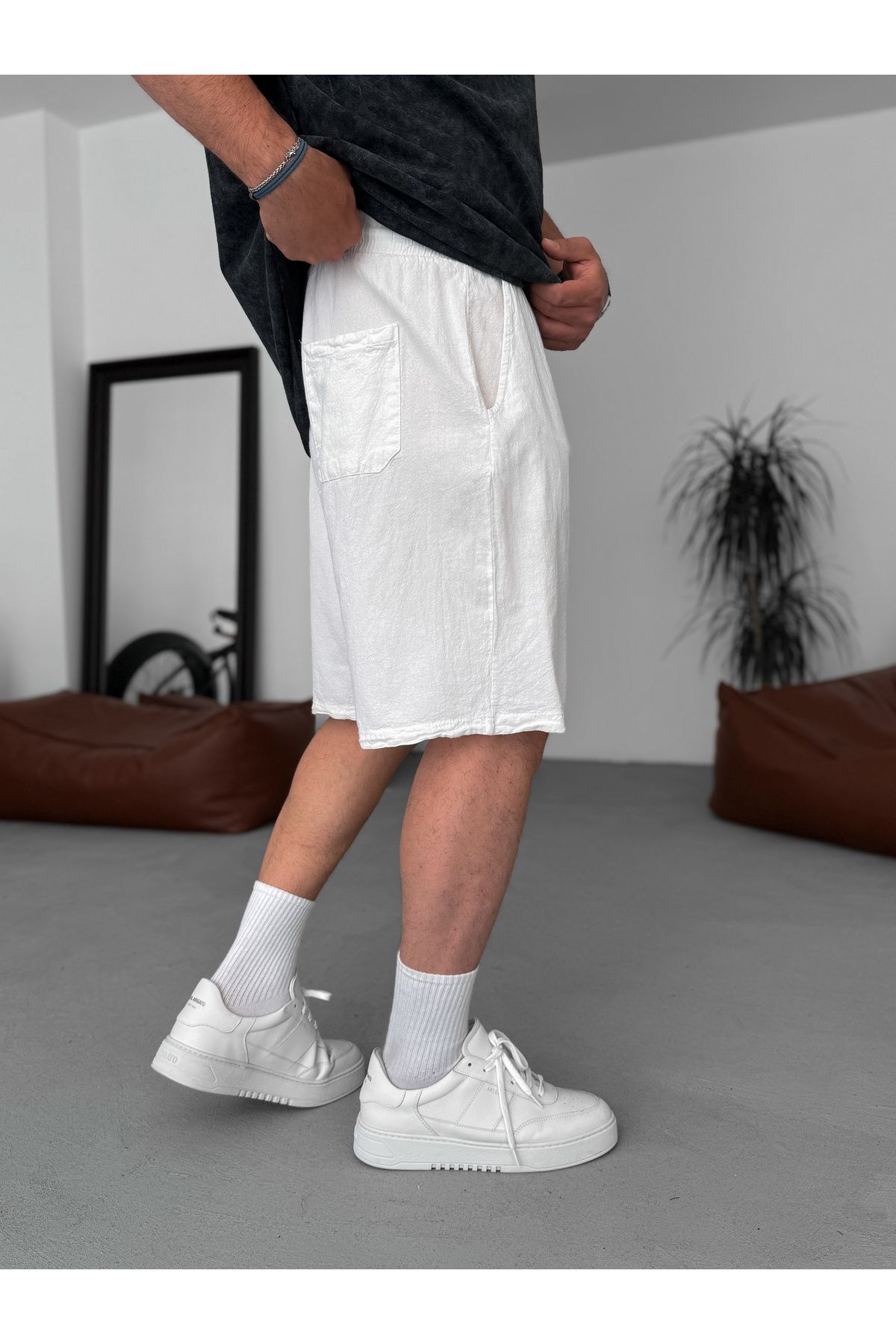 BYBASICMAN-White Basic Cotton Linen Shorts V-24 4