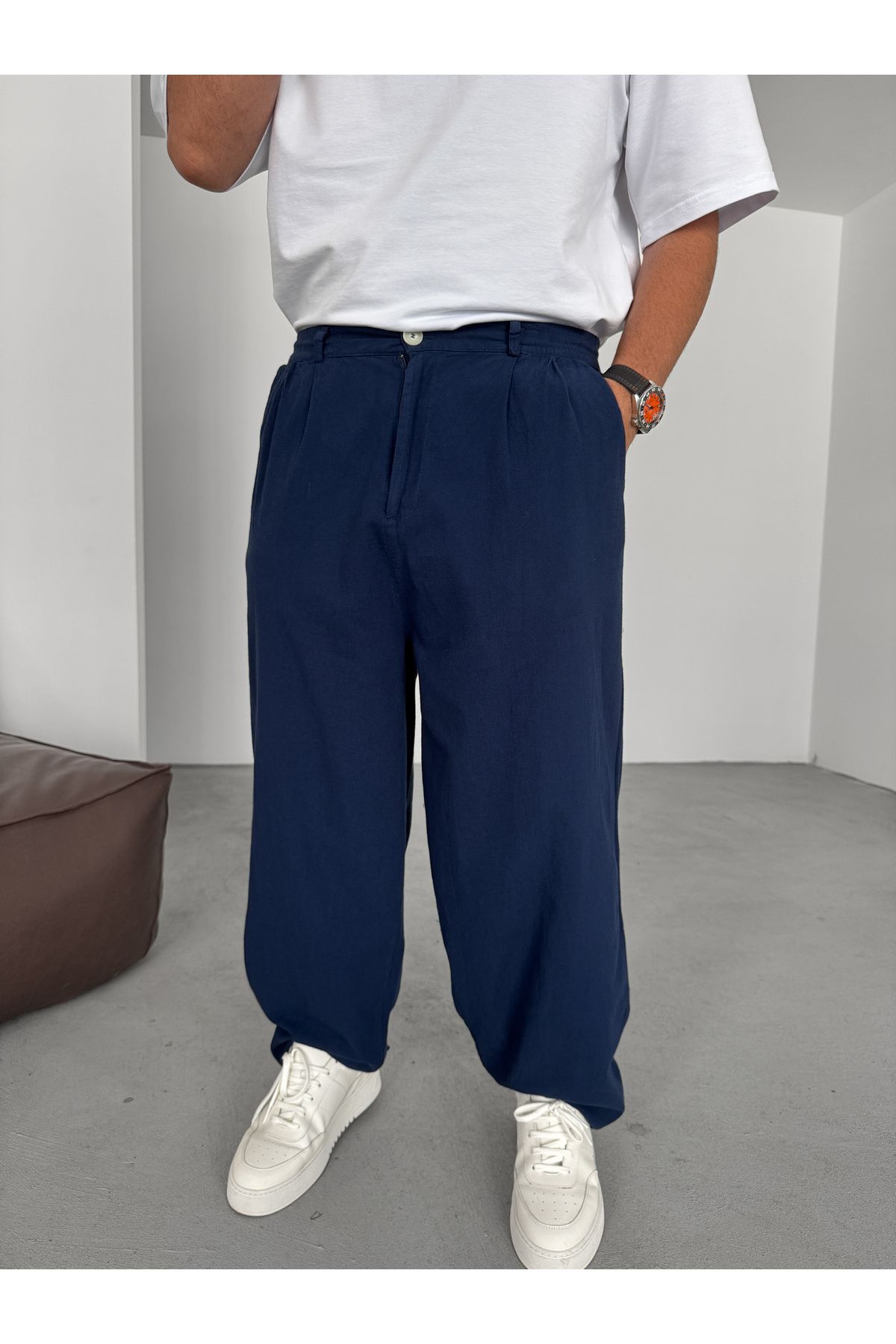 BYBASICMAN Lacivert Düğmeli Pamuk Keten Baggy Pantolon ES-16