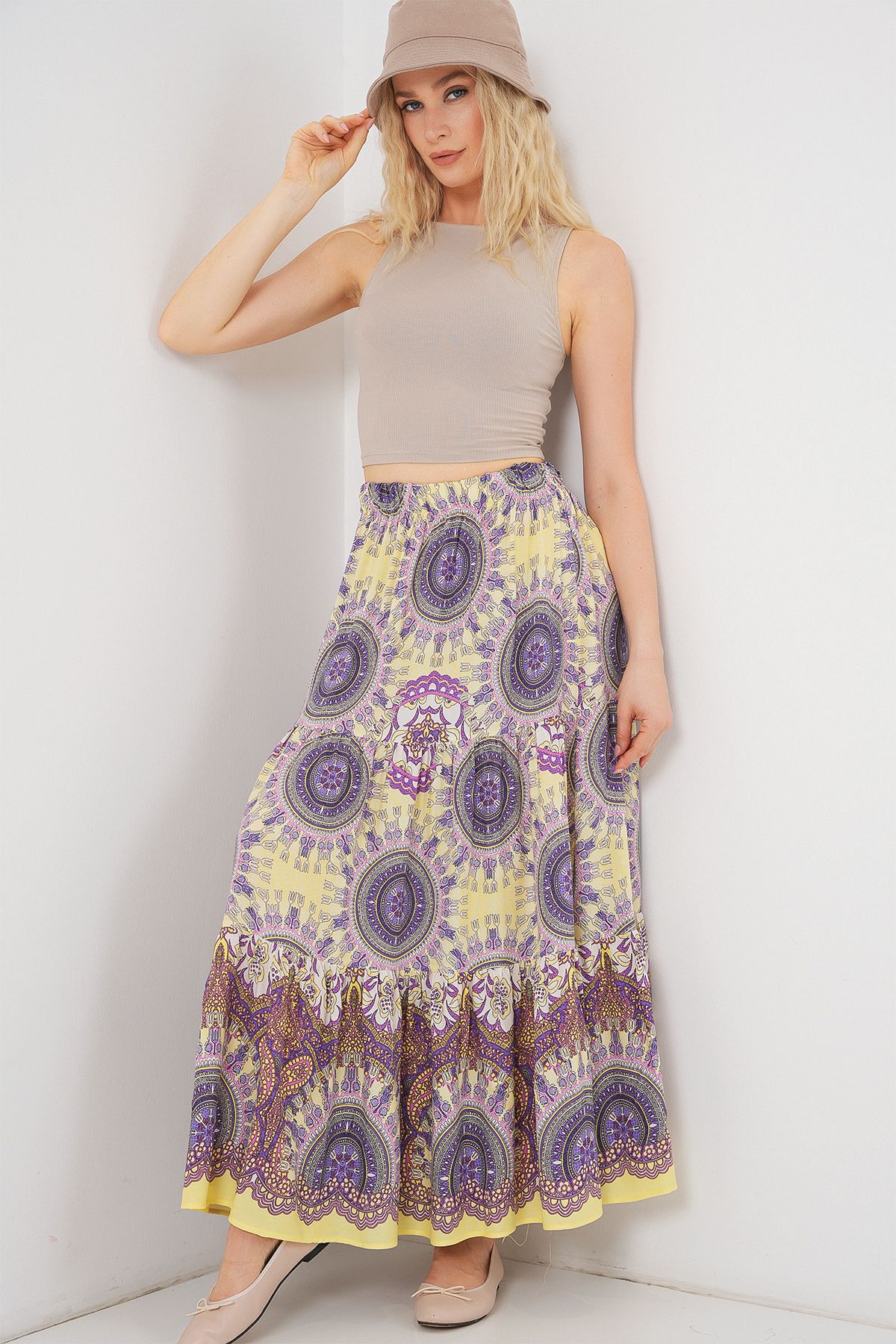 Bigdart-1898 Patterned Long Skirt - Yellow 4