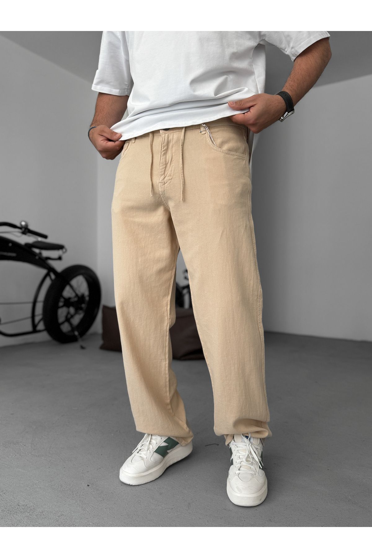 BYBASICMAN Bej Dokulu Basic Baggy Pantolon RES-1076