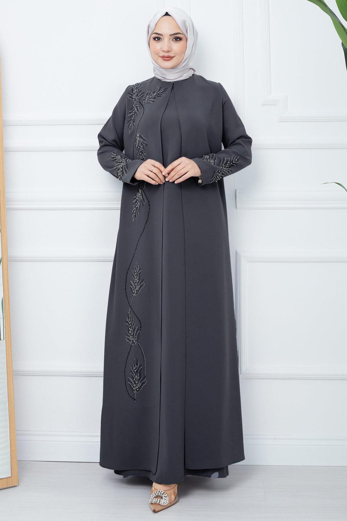 hafsamina Büyük Beden Yaprak Taşlı Anne Elbisesi Füme HM2350