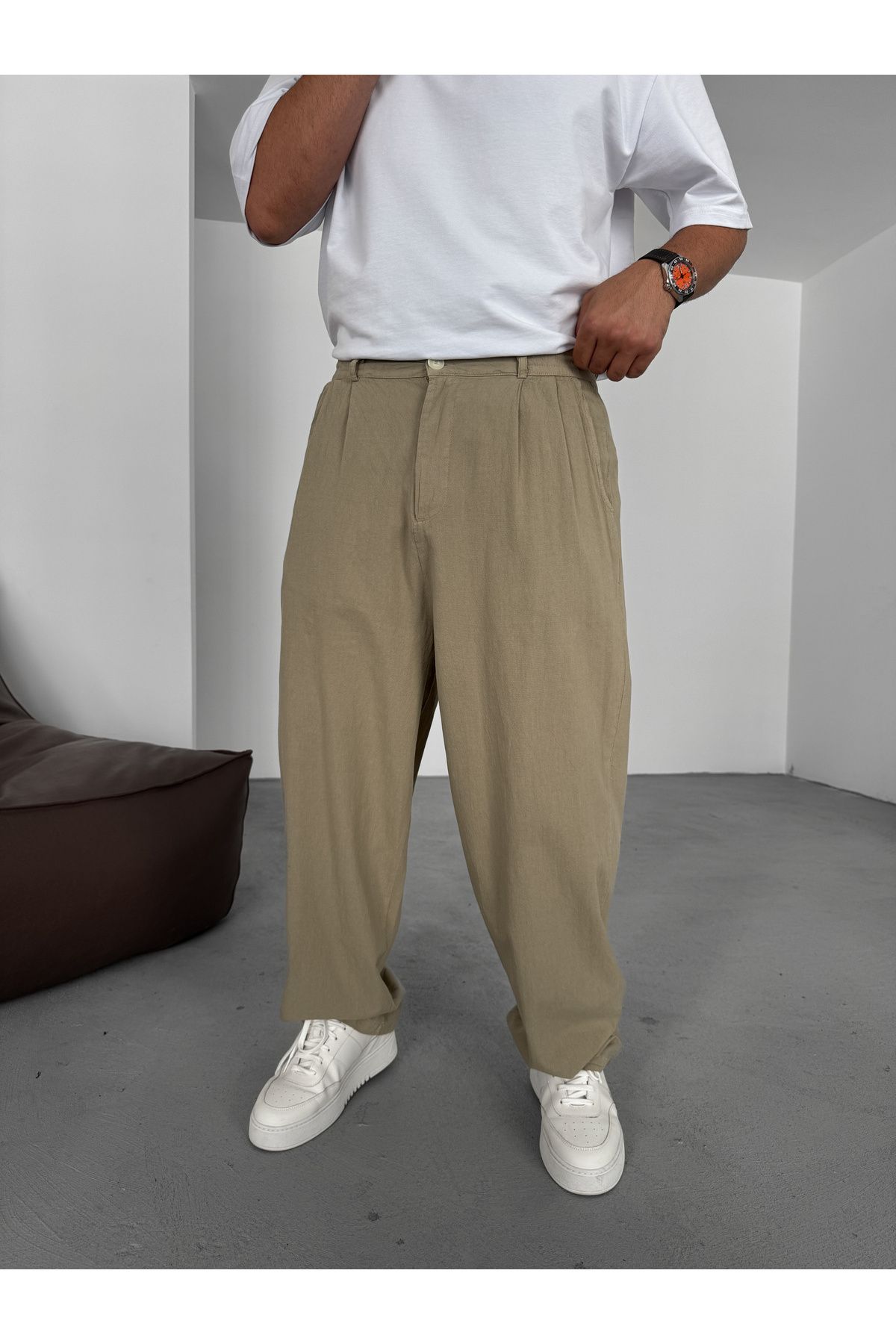 BYBASICMAN Haki Düğmeli Pamuk Keten Baggy Pantolon ES-16