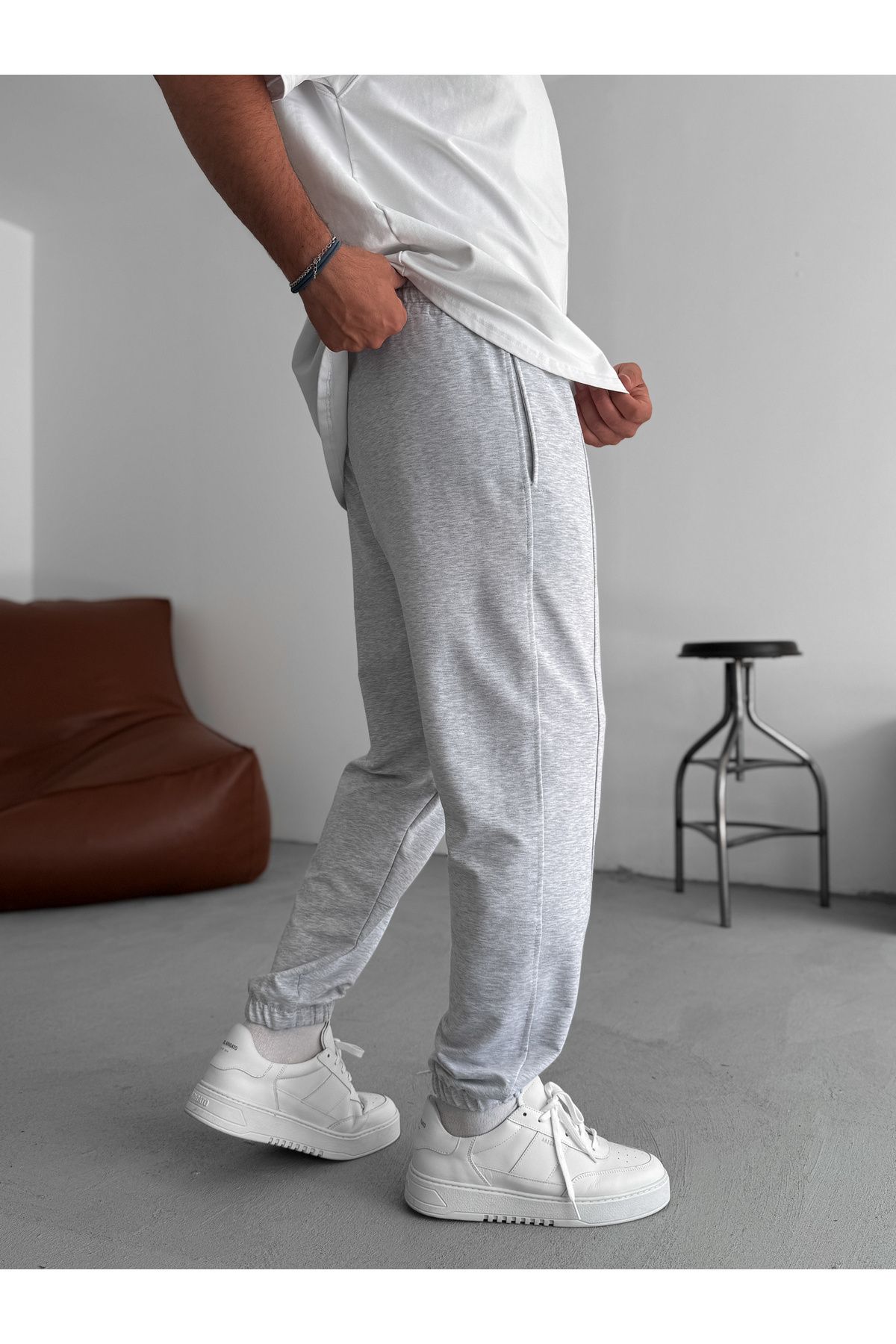 BYBASICMAN-Light Gray Elastic Tracksuit with Stitching Detail Ke-7019 3