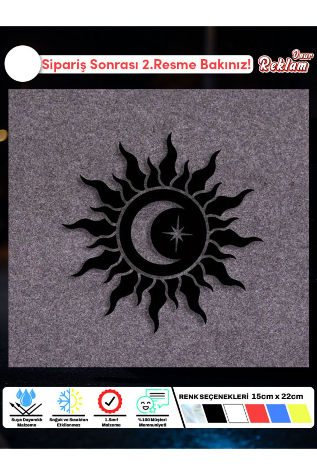 Onur Reklam Güneş ve Hilal Temalı Araç Sticker – Spiritüel Tasarım 15x22 cm