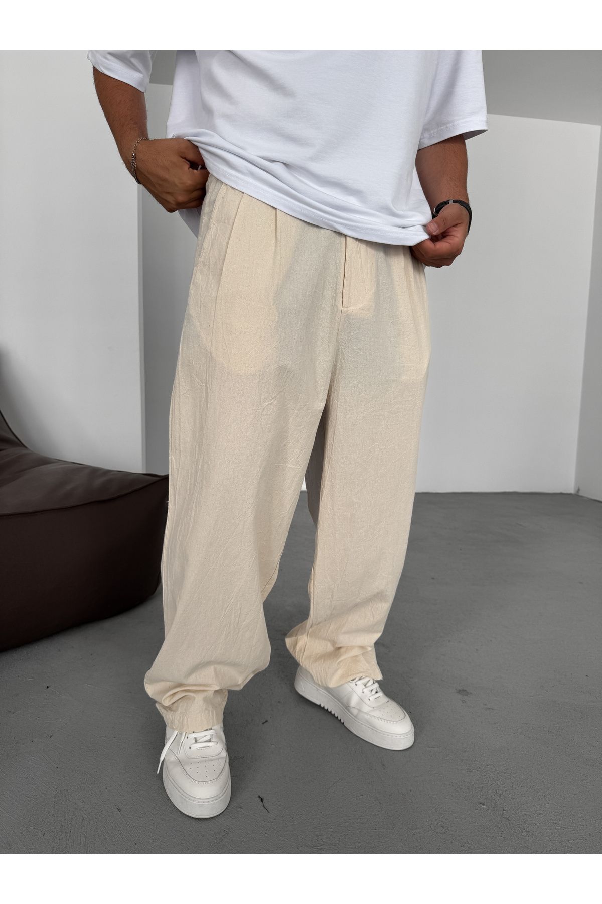 BYBASICMAN Bej Düğmeli Pamuk Keten Baggy Pantolon ES-16