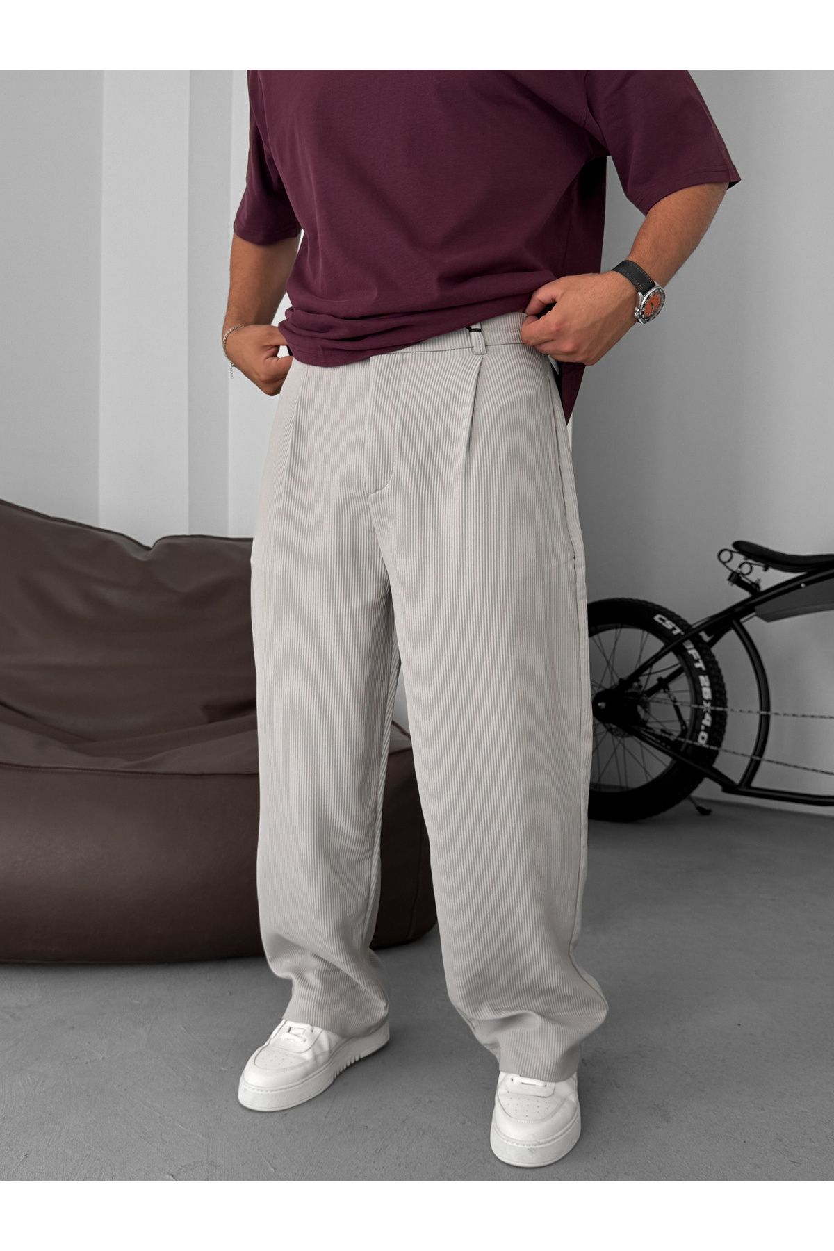 BYBASICMAN Gri Likralı Fitilli Baggy Pantolon C-06