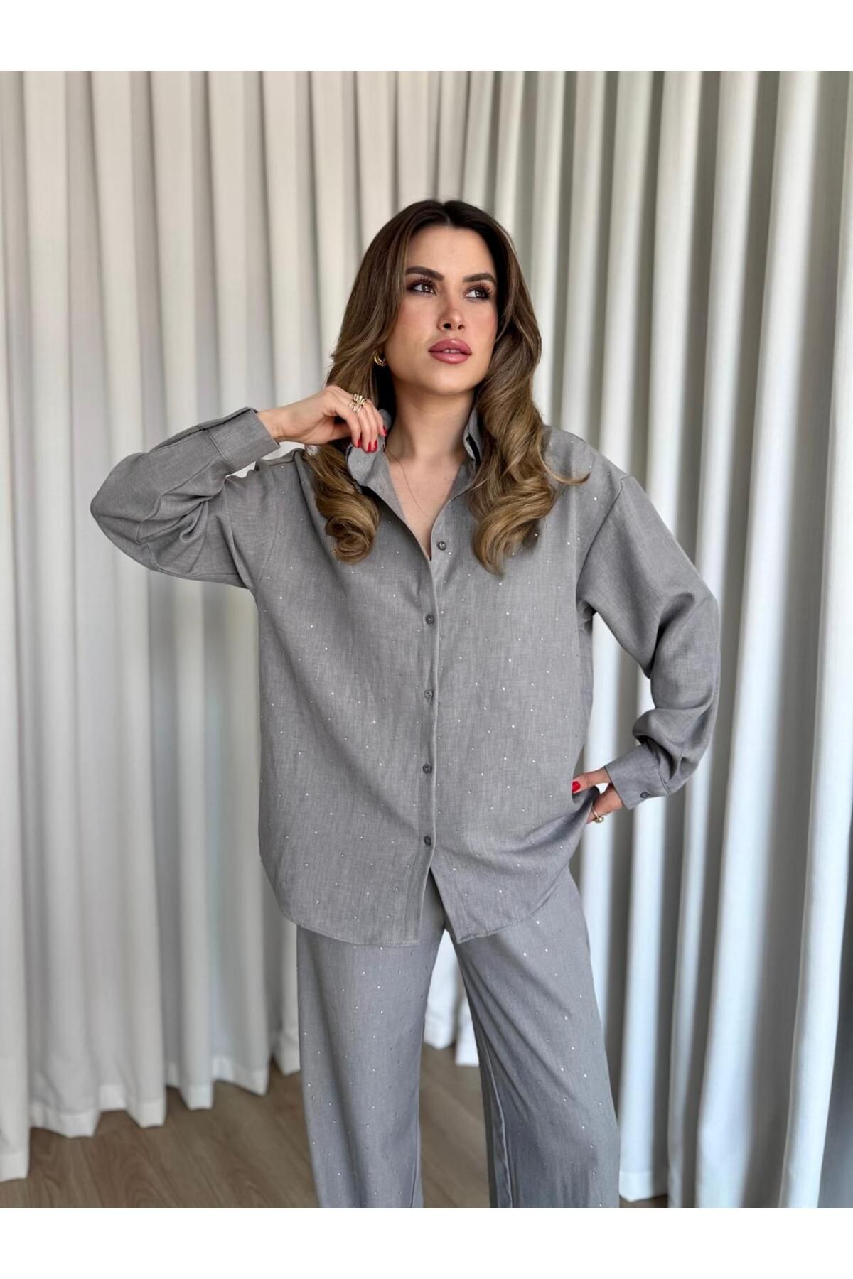 ROUPAS Taşlı Gömlek Palazzo Tasarım Keten Takım