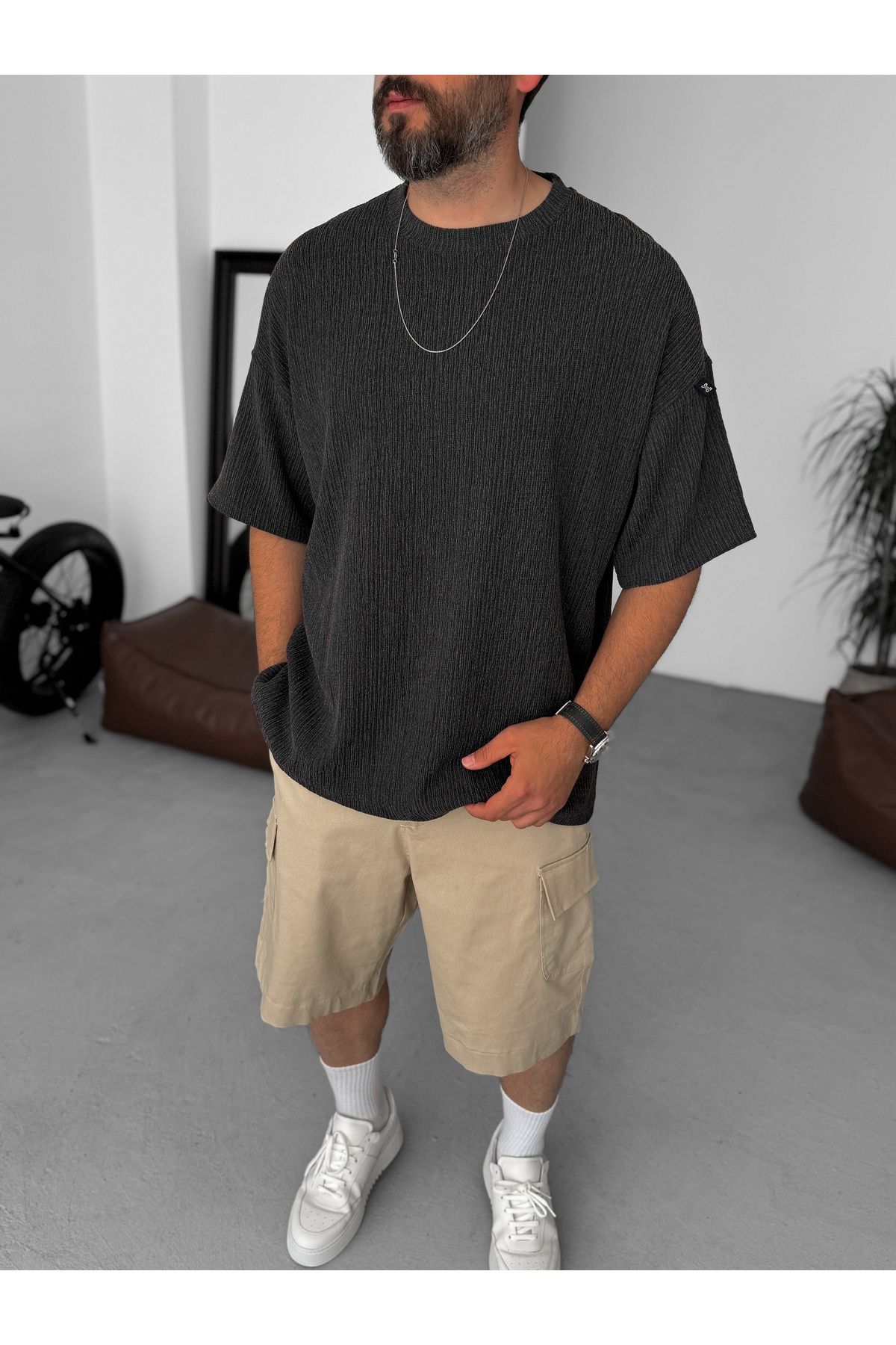 BYBASICMAN Siyah Kırçıllı Dokulu Oversize T-Shirt JJ-235