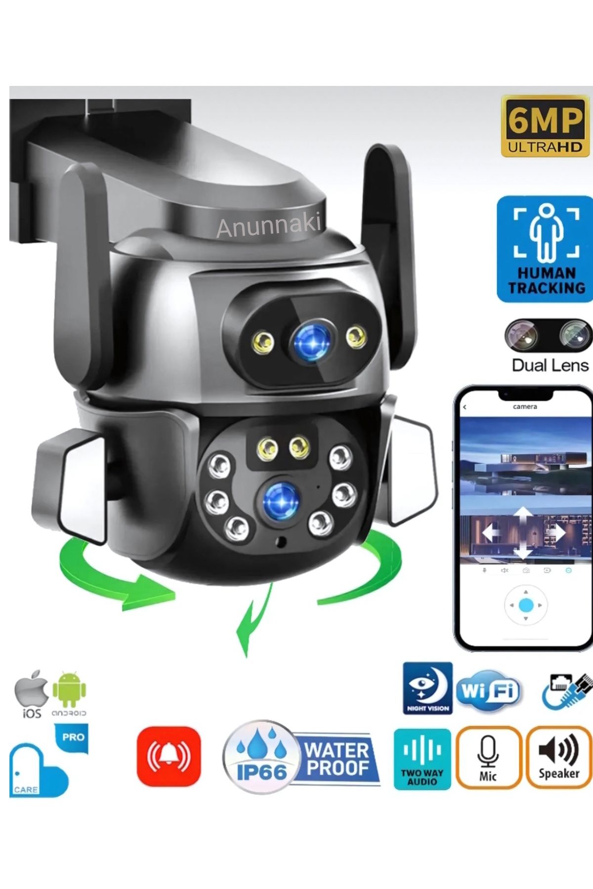 Anunnaki Çift Kameralı Wifi IP Kamera 360° Hareketli WiFi İç-Dış Mekan Ptz Ses Kayıtlı Güvenlik Kamerası