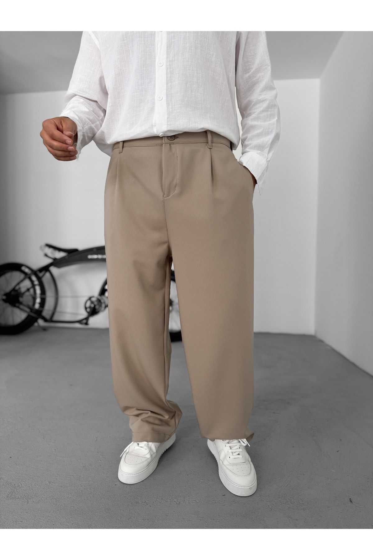 BYBASICMAN Bej Pileli Kumaş Baggy Pantolon C-05