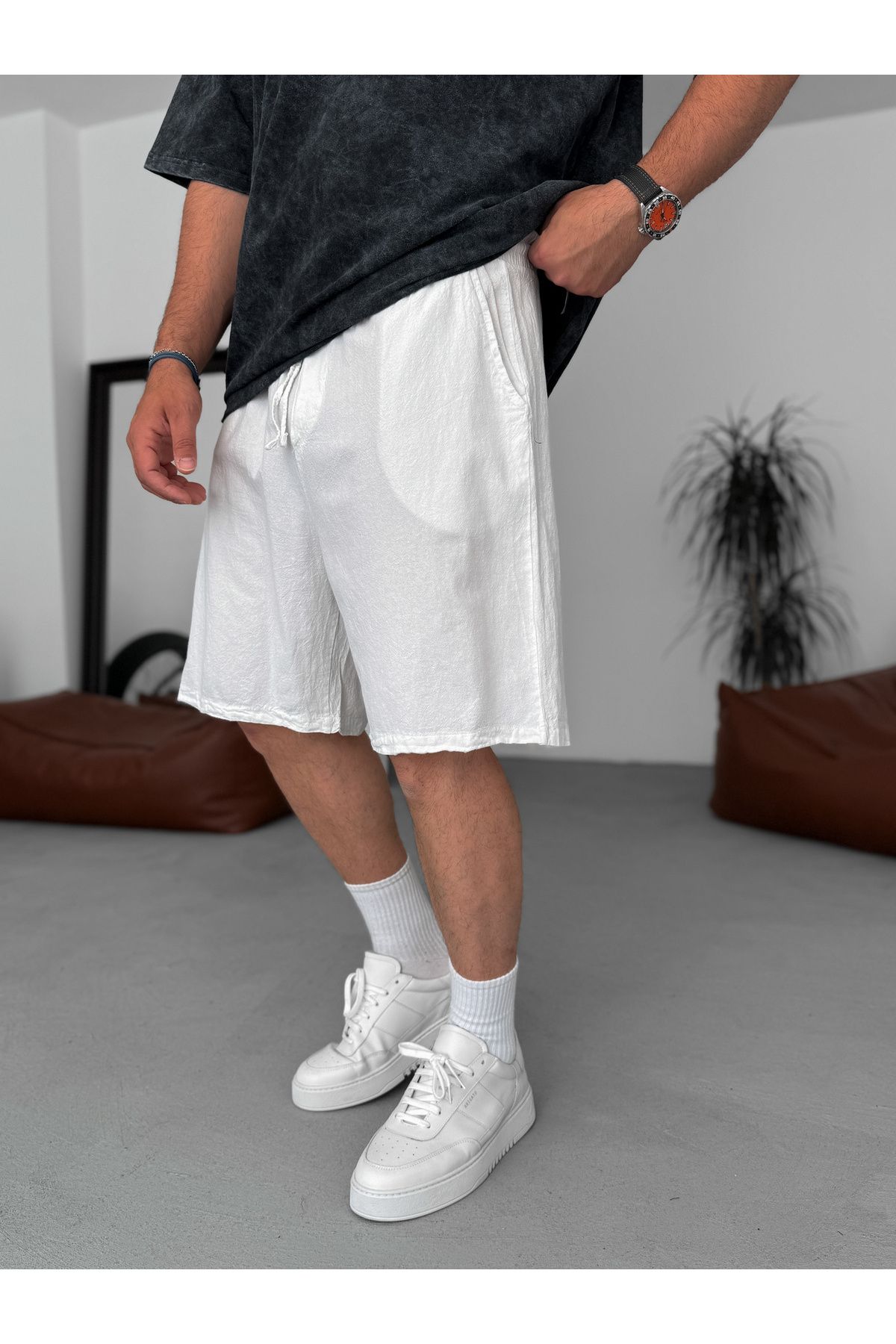 BYBASICMAN-White Basic Cotton Linen Shorts V-24 2