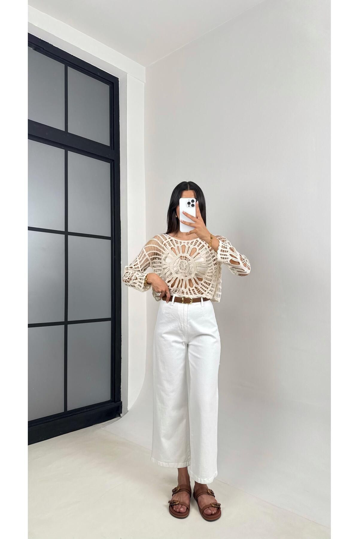 Gaus Beyaz Kemerli Yüksek Bel Denim Pantolon Gaus00548