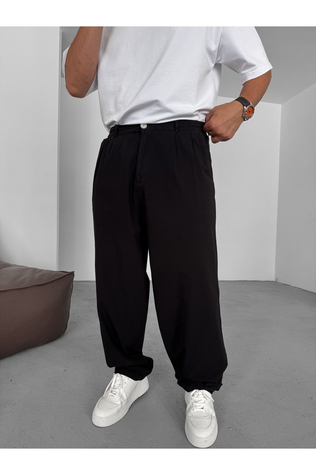 BYBASICMAN Siyah Düğmeli Pamuk Keten Baggy Pantolon ES-16