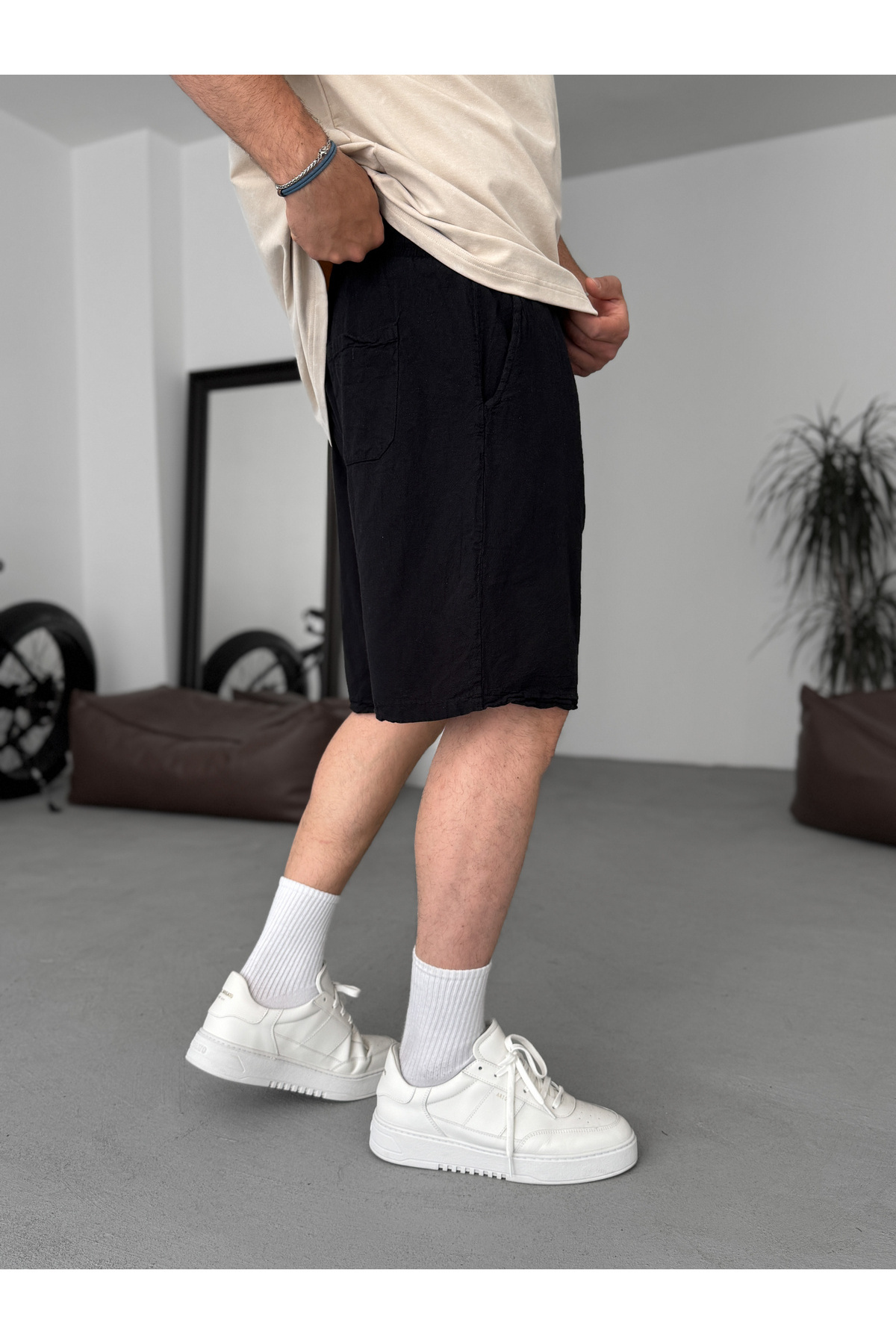 BYBASICMAN-Black Basic Cotton Linen Shorts V-24 4