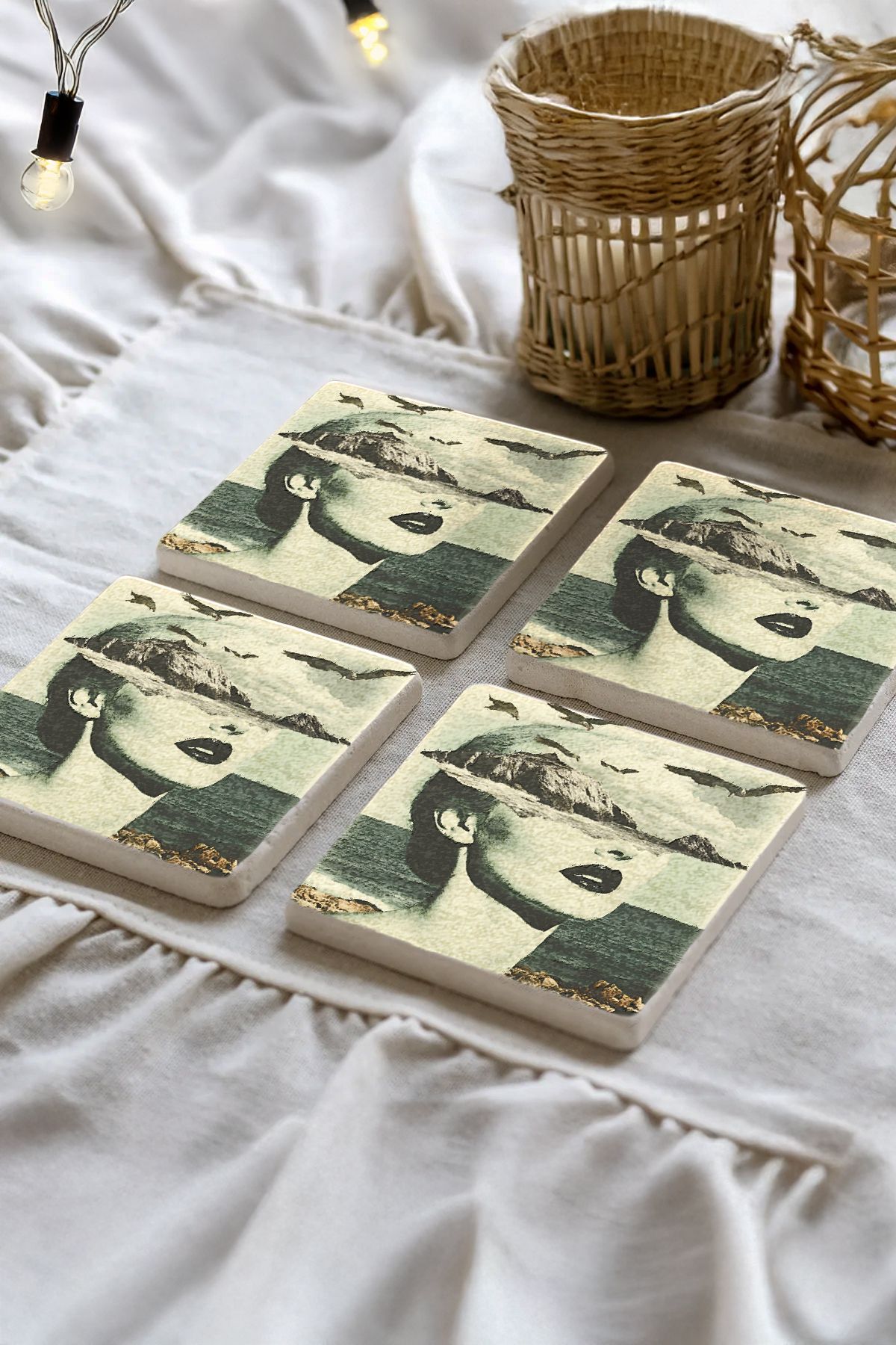 Sionar Bellarosa Desenleri Taş Traverten Fincan Bardak Altlığı 4'lü Set 10x10x1cm