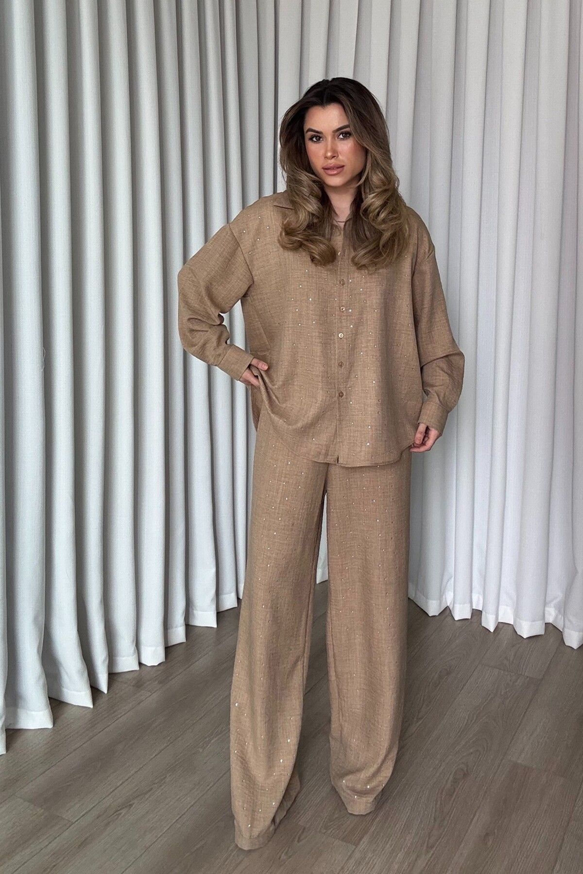 ROUPAS Taşlı Gömlek Palazzo Tasarım Keten Takım