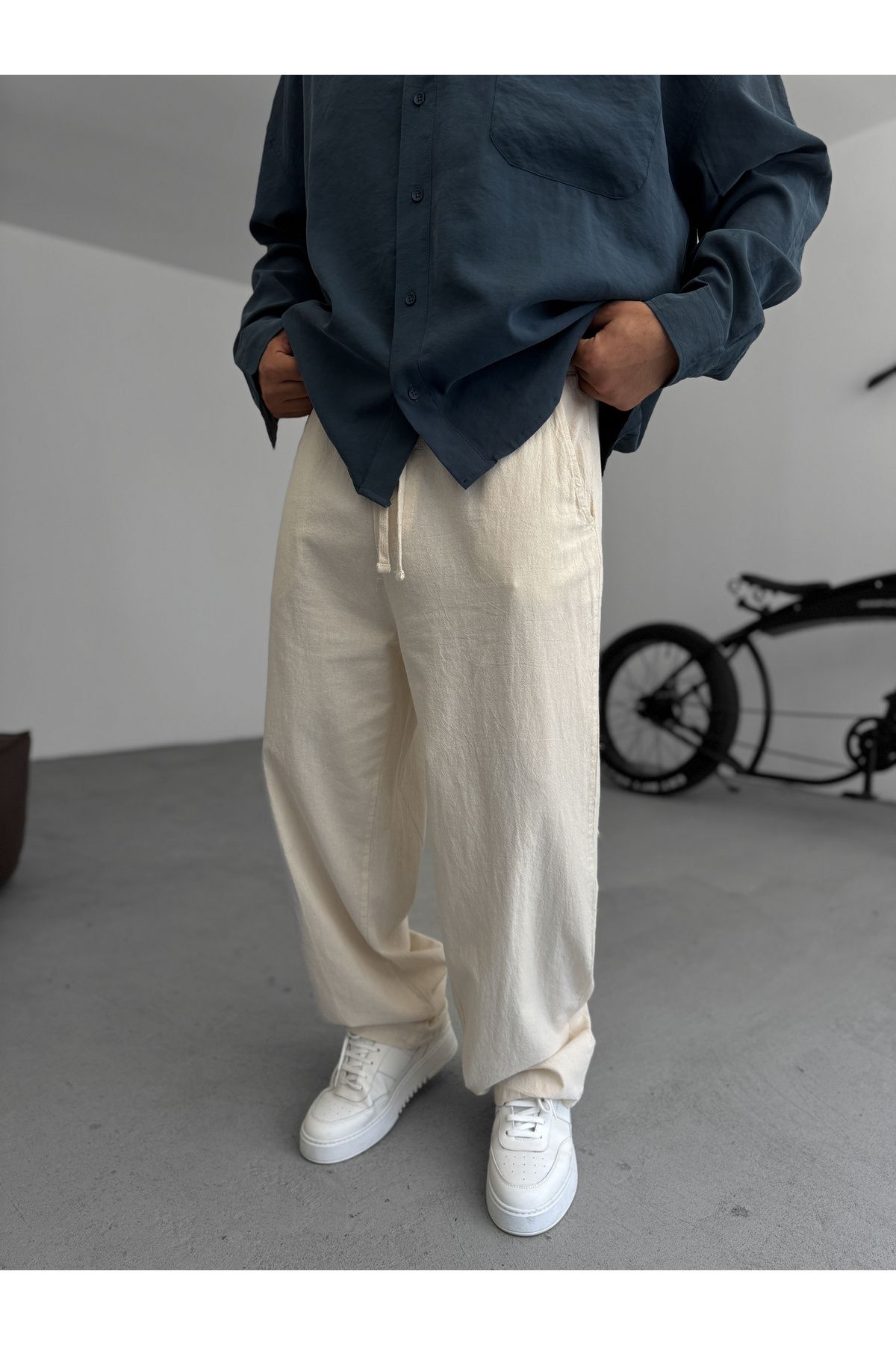 BYBASICMAN Bej Pamuk Keten Baggy Pantolon ES-15