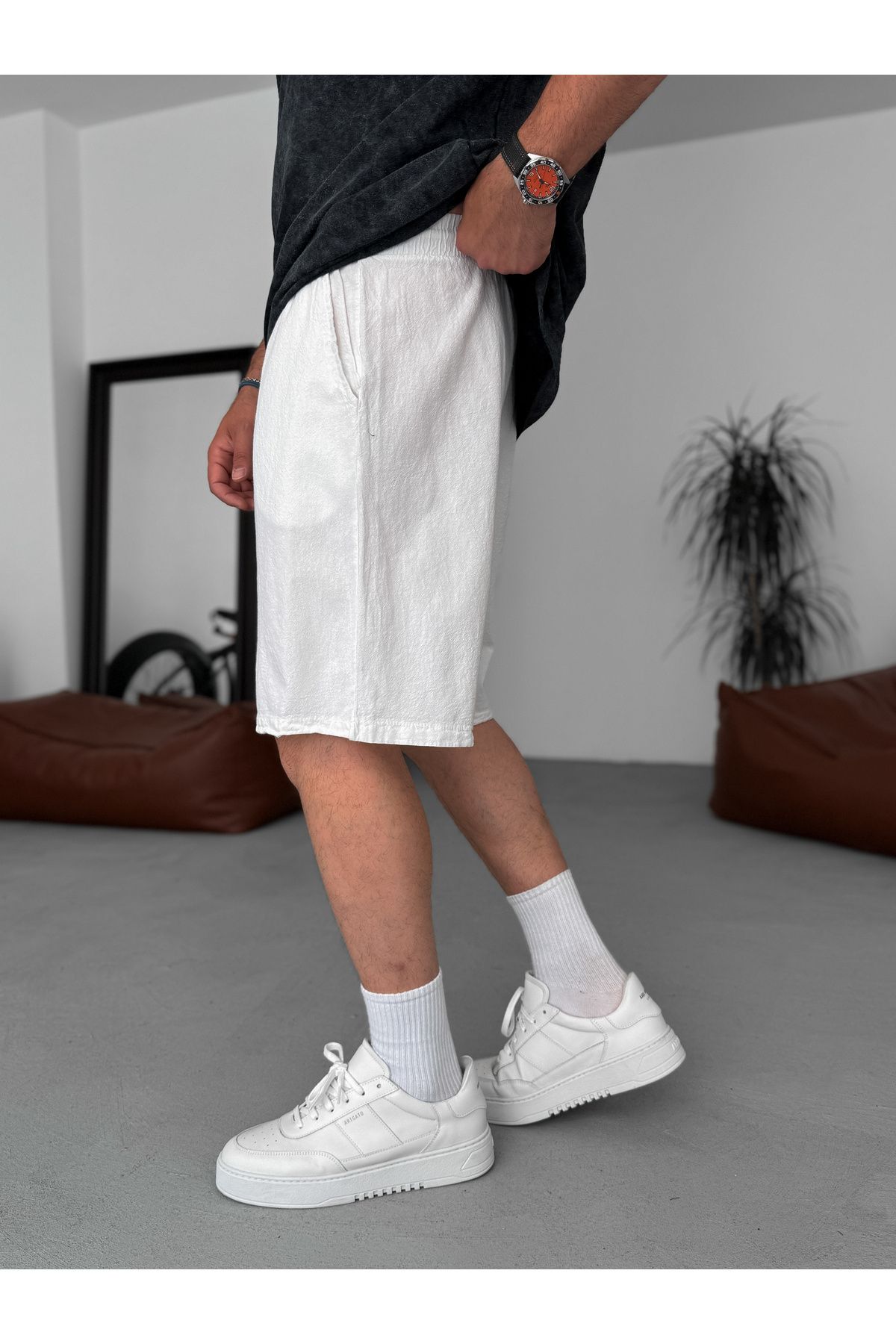 BYBASICMAN-White Basic Cotton Linen Shorts V-24 5