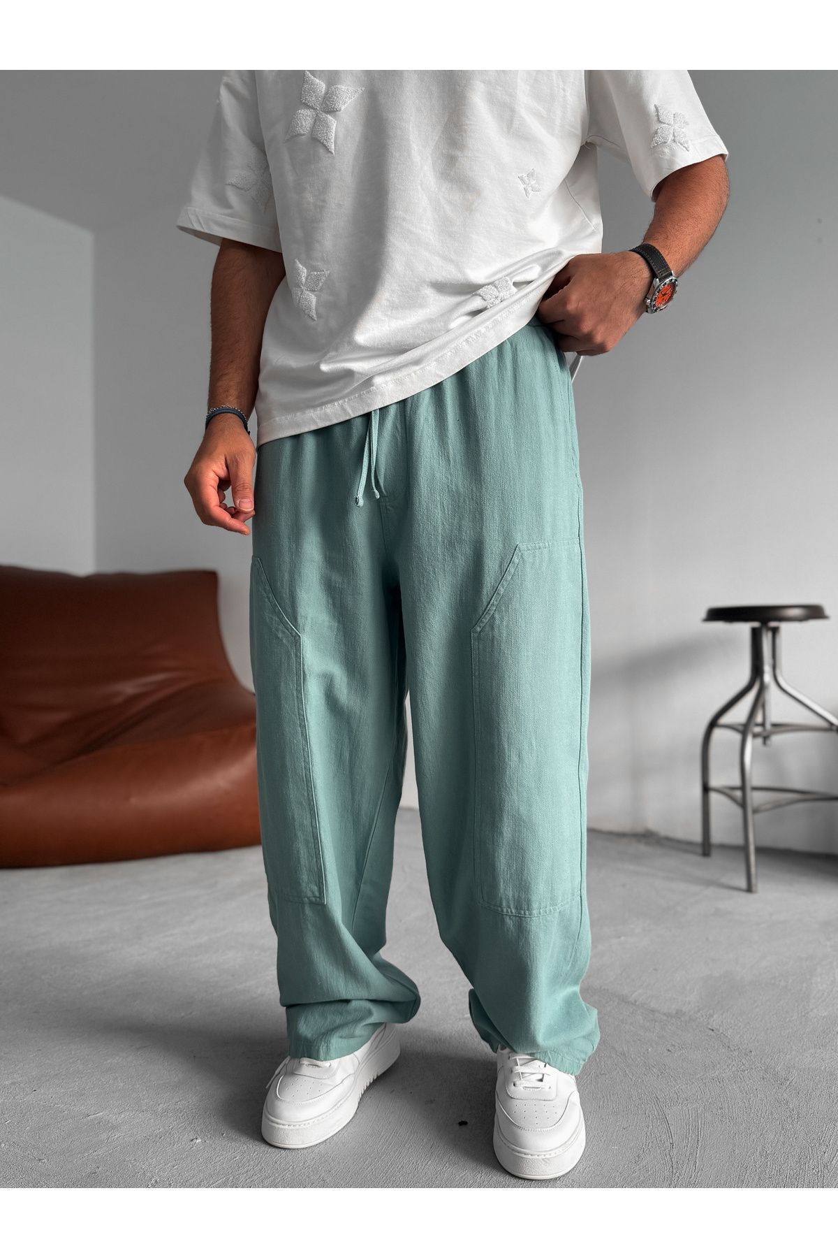 BYBASICMAN Turkuaz Ön Parça Detaylı Baggy Pantolon JJ-95