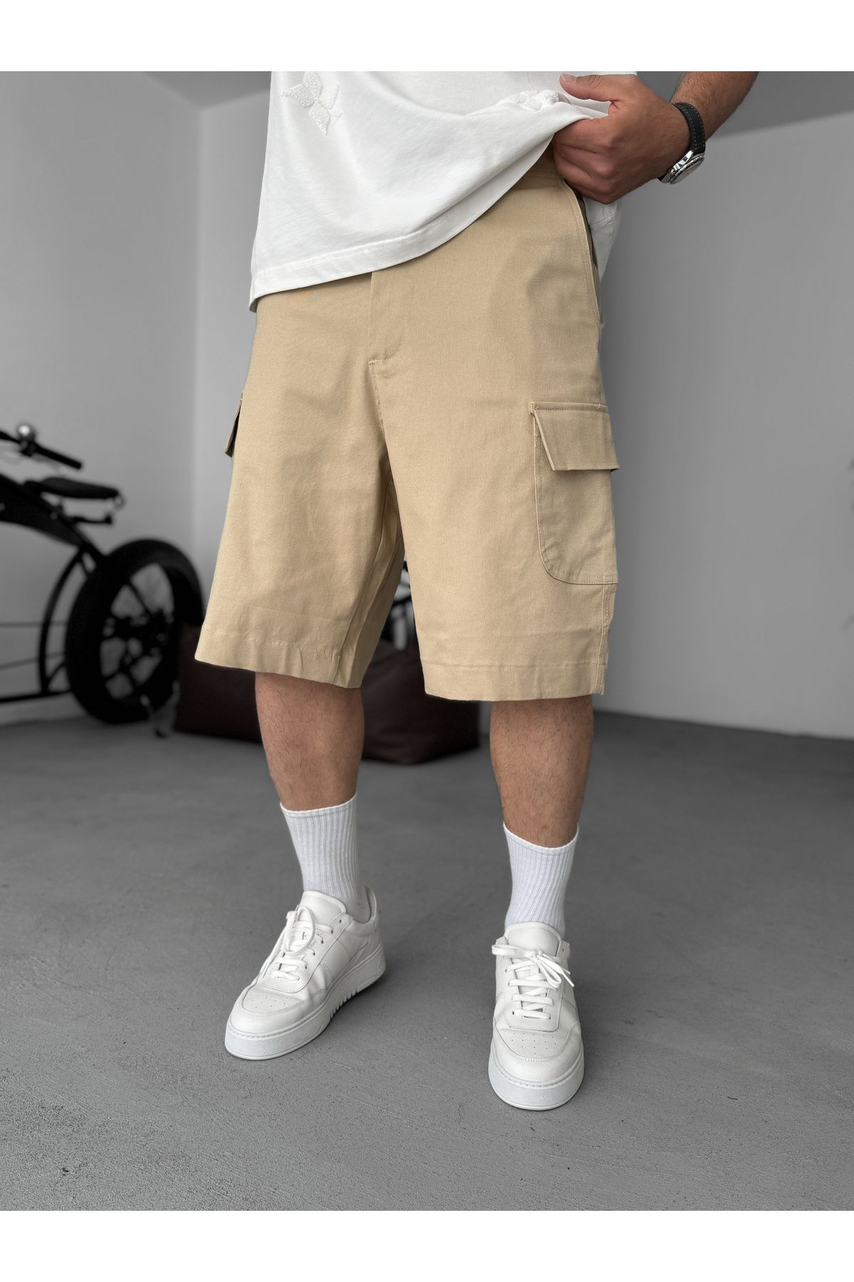 BYBASICMAN Bej Likralı Gabardin Kargo Şort PM-018