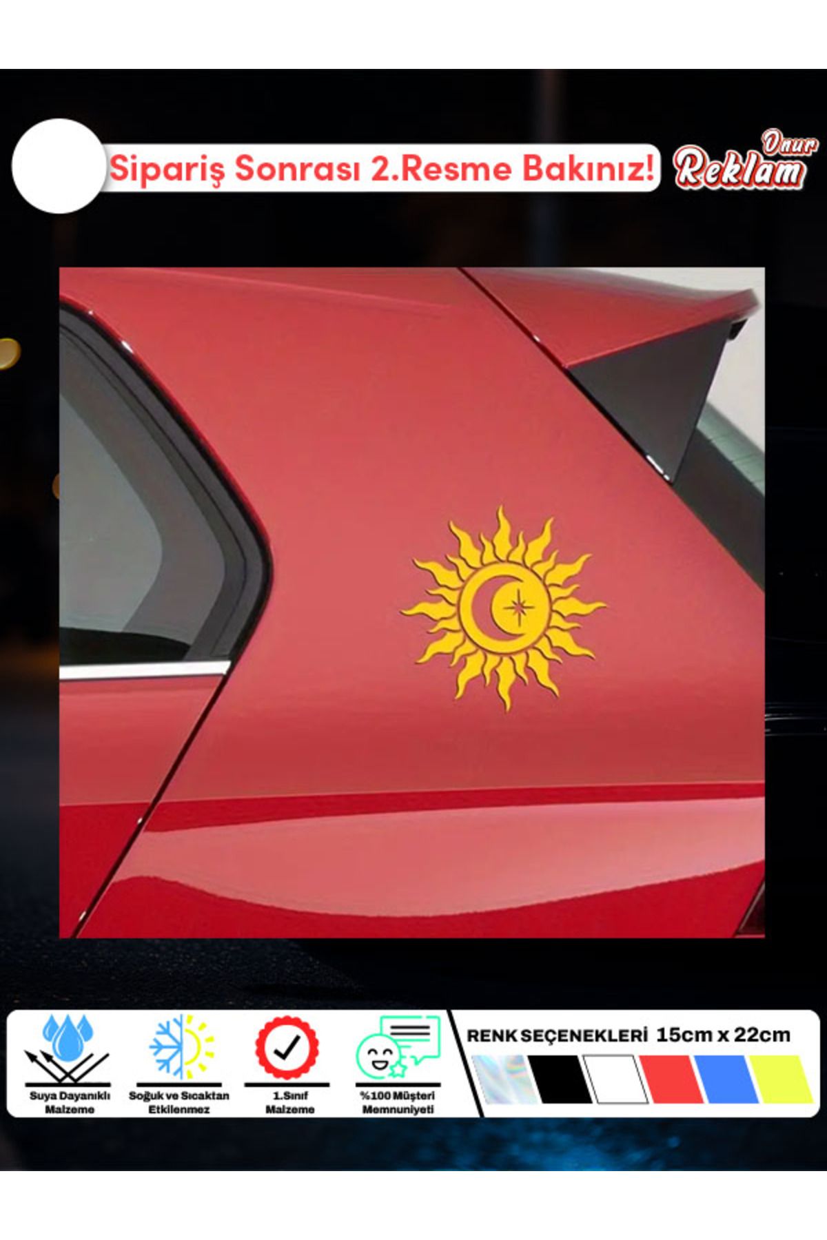 Onur Reklam Güneş ve Hilal Temalı Araç Sticker – Spiritüel Tasarım 15x22 cm