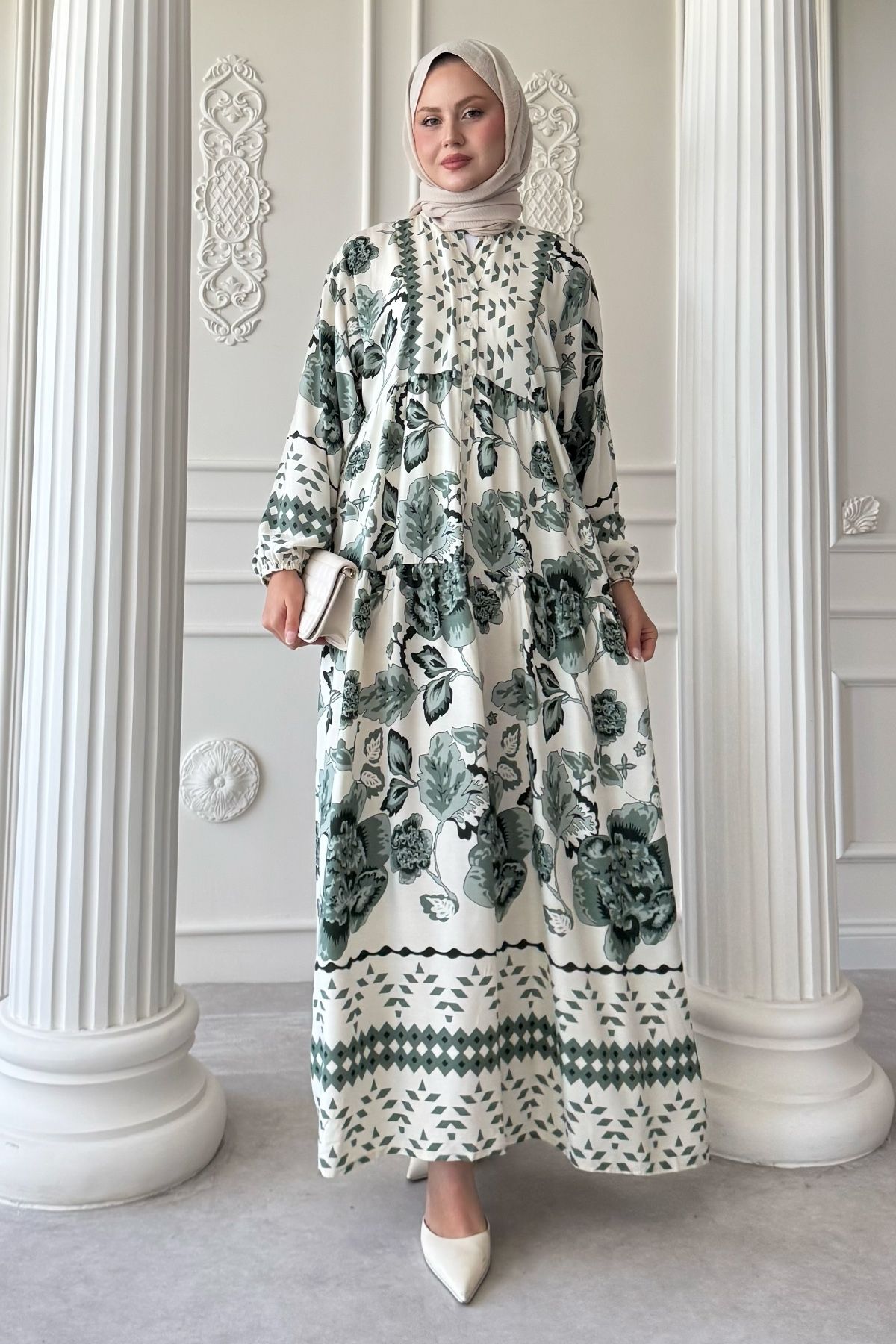 InStyle Vintage Desenli Yeşil Viskon Elbise