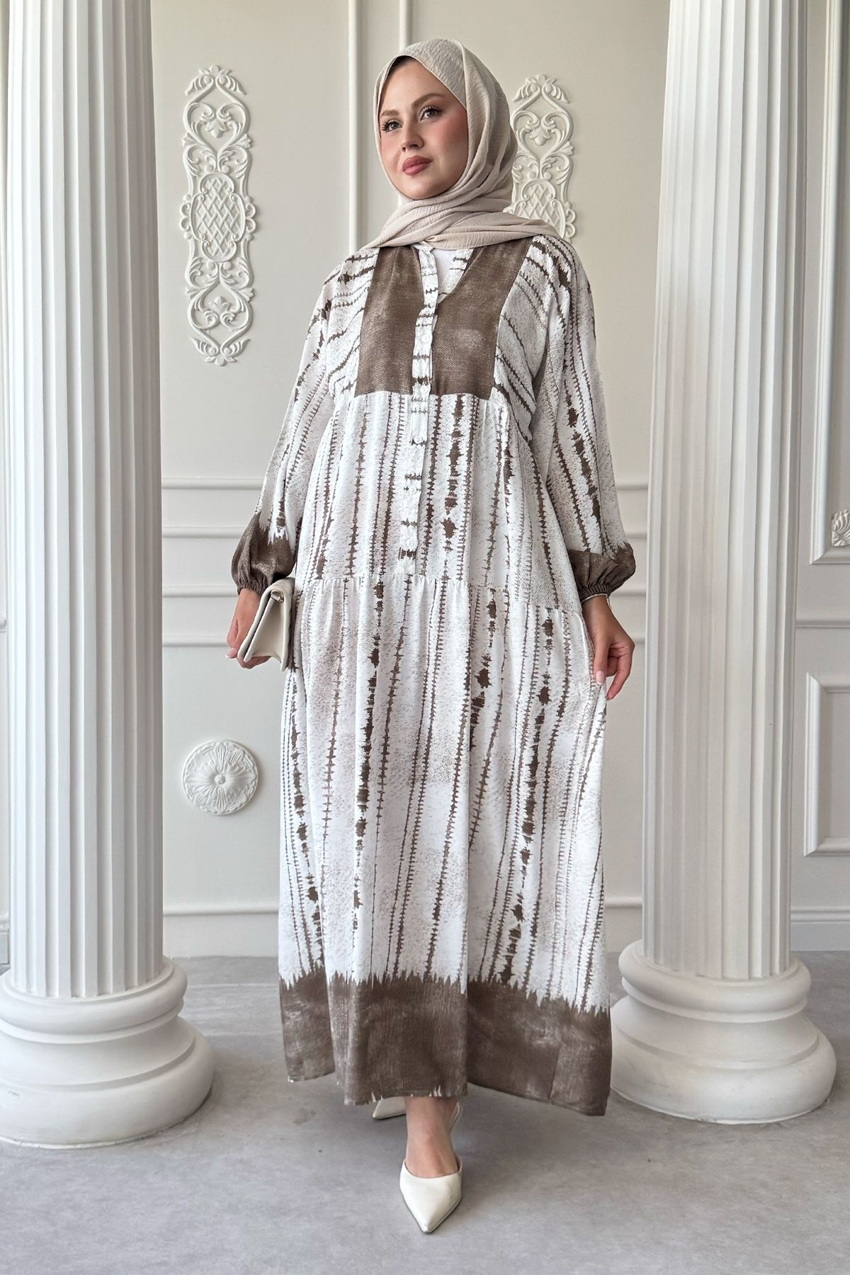 InStyle Batik Çizgi Desen Kahverengi Viskon Elbise