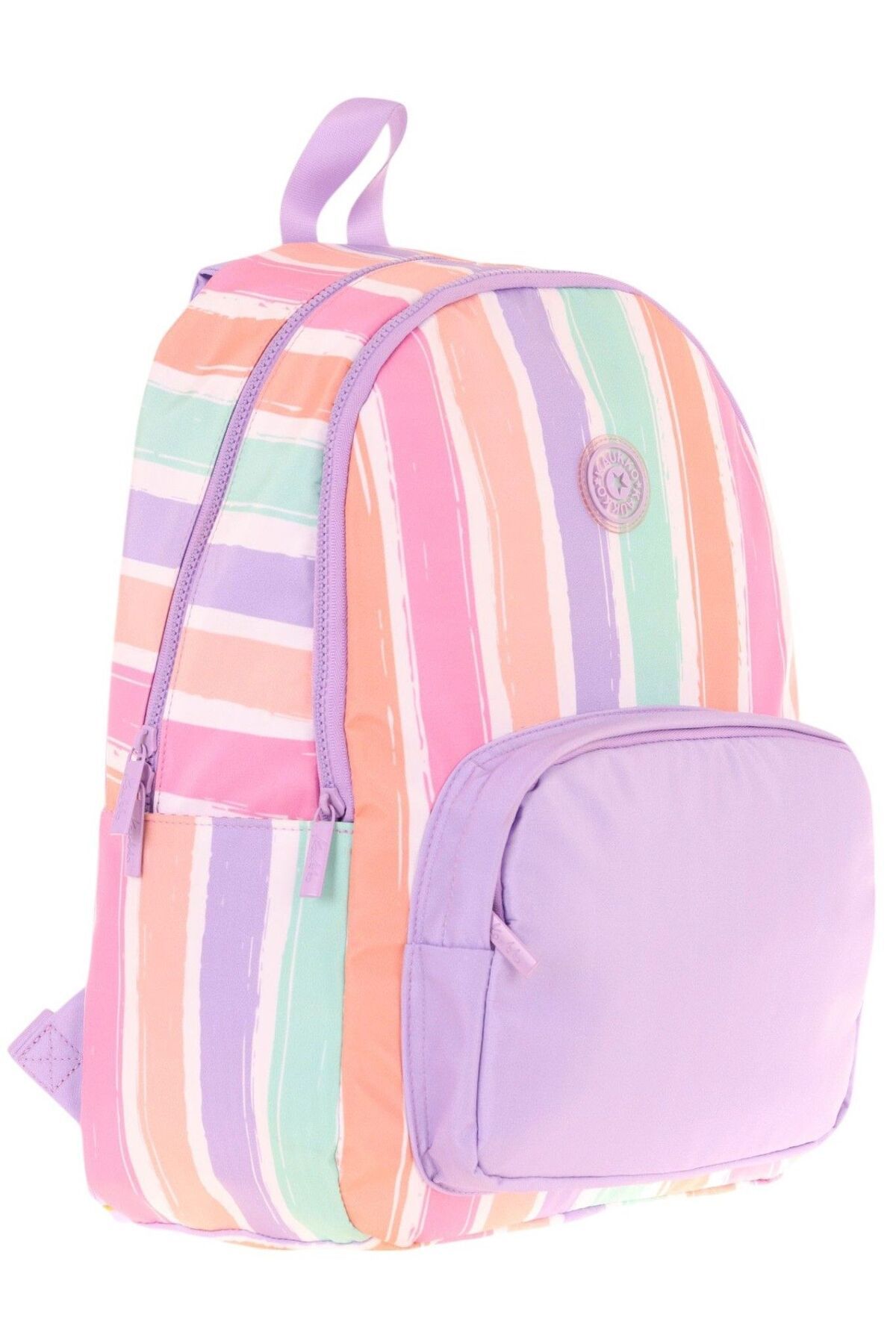 KAUKKO Rainbow Kız Çocuk Üç Bölmeli İlkokul ve Ortaokul Çantası - Mor Çok Renkli Çizgili - K1801