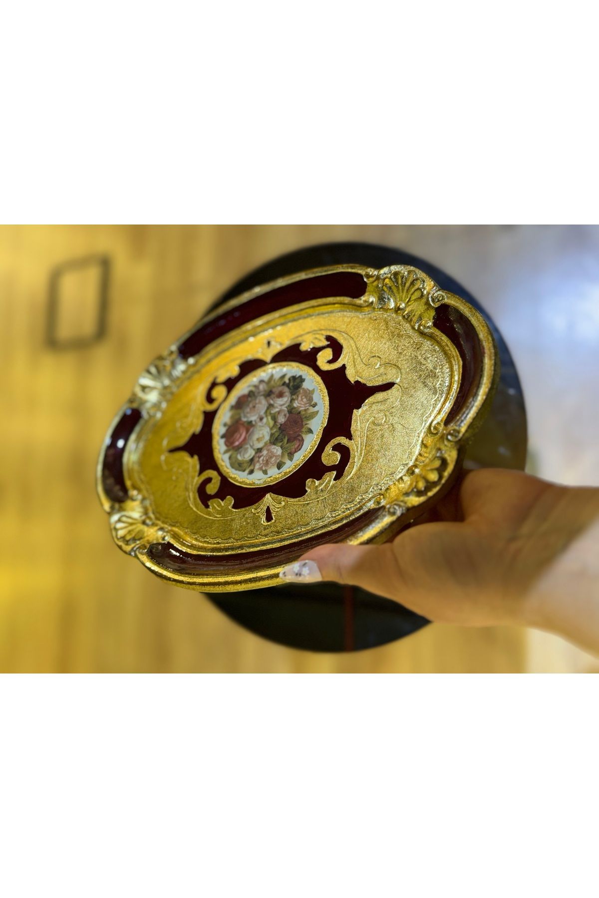 LM ESTERHOMEDECOR Tek kişilik orijinal Gül ağacı çiçekli dikdörtgen sunum tepsisi bordo 30cm Masi