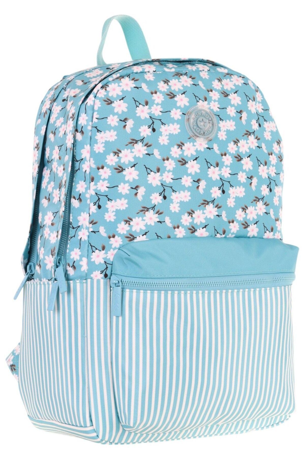 KAUKKO Soft Floral Kız Çocuk Üç Bölmeli Turkuaz Çiçek ve Çizgi Desenli Okul Sırt Çantası - K1796