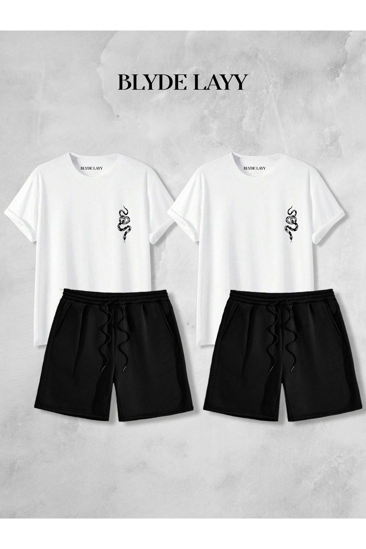 BLYDE LAYY Unisex 2'li Yılan Baskılı Blyde Layy Tasarım Sevgili Kombini (2 Şort - 2 T-shirt Takım)