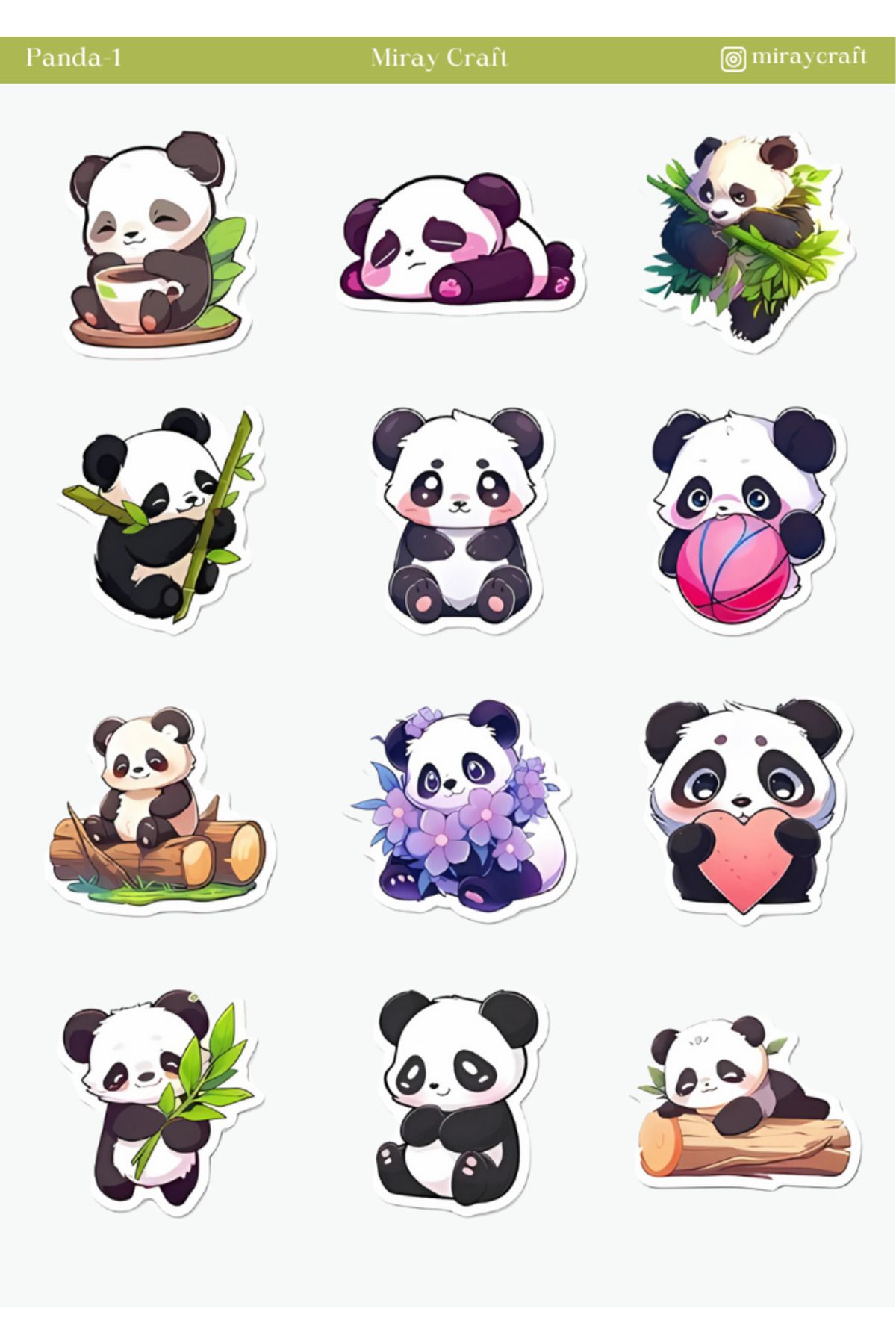 MirayDesign 1 Adet Panda Temalı Sticker – 12x17 cm Scrapbook, Bullet Journal, Planlayıcı İçin