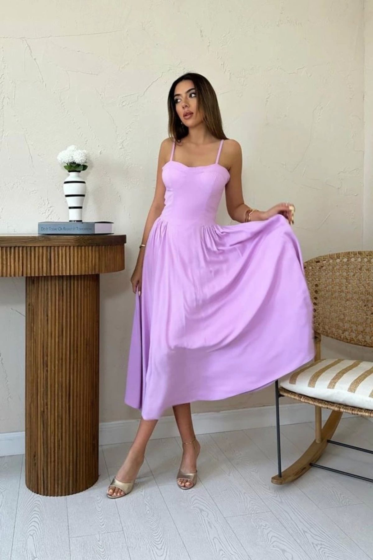 Butik Lila Göğüs Kuplu Uzun Büzgülü Elbise
