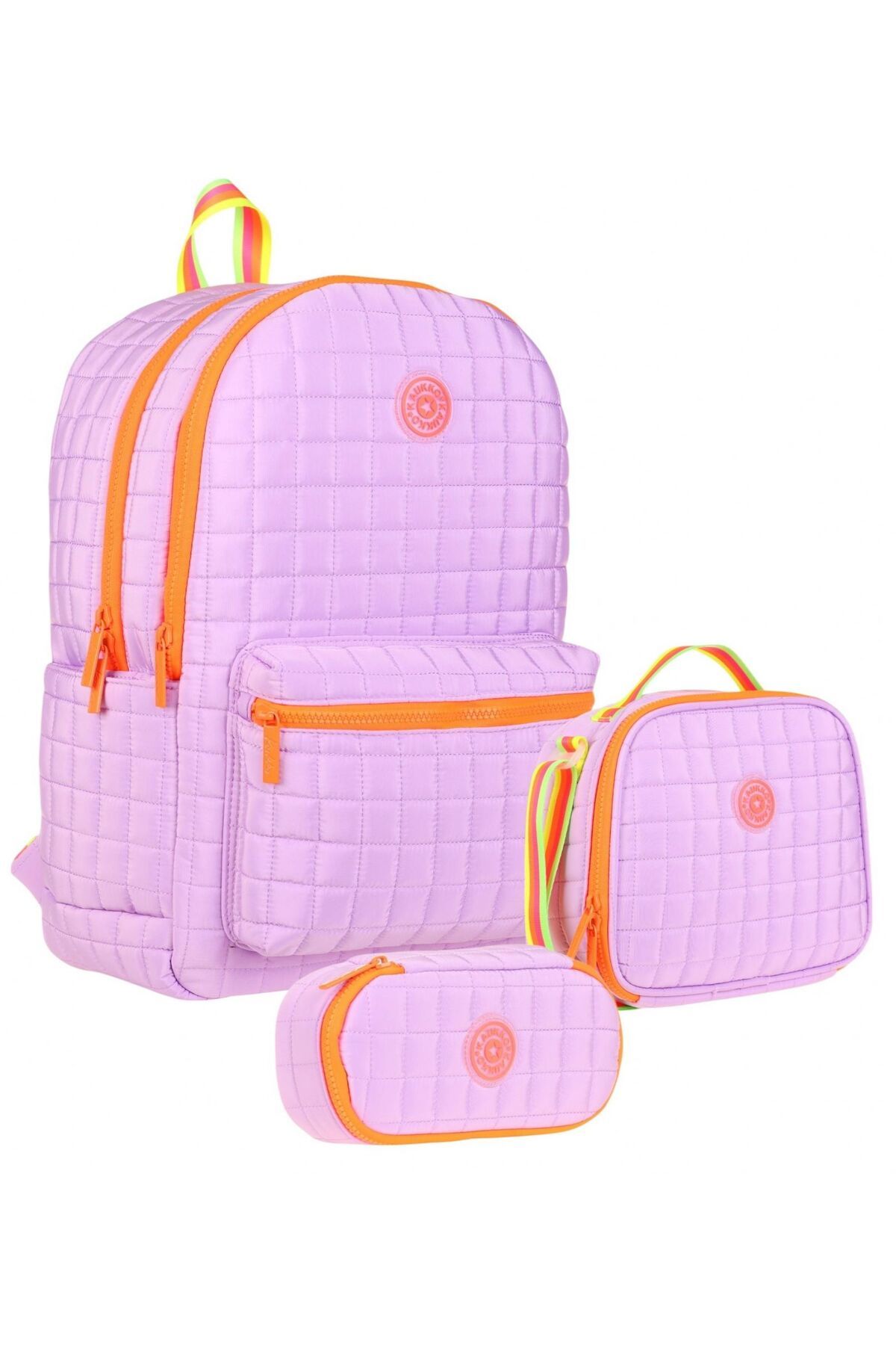 KAUKKO Quilted Mor Turuncu Kapitone Üçlü Okul Çantası Seti - Kız Çocuk