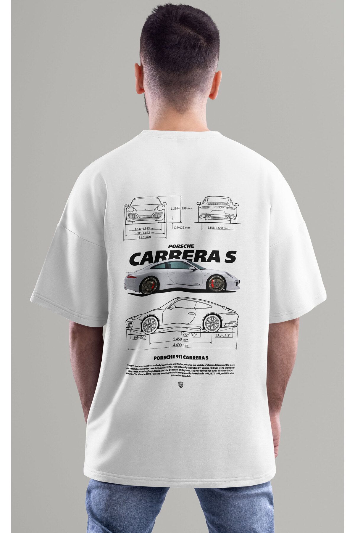 ELFAMİ Unisex Erkek/Kadın PORSCHE 911 4S Renkli Özel Baskılı Oversize Pamuklu Bisiklet Yaka T-Shirt Tişört
