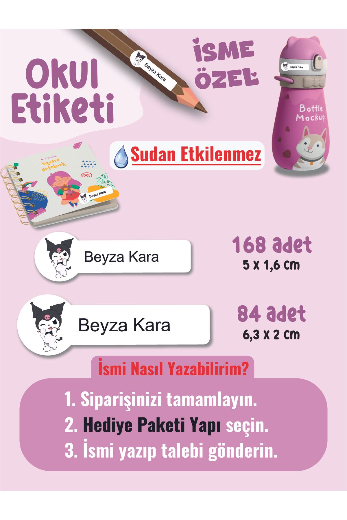 YUNUS COPY Okul Etiketi Kalem Defter Etiketi Kuromy Temalı Özel İsim Yazılabilen Etiket - 252Adet