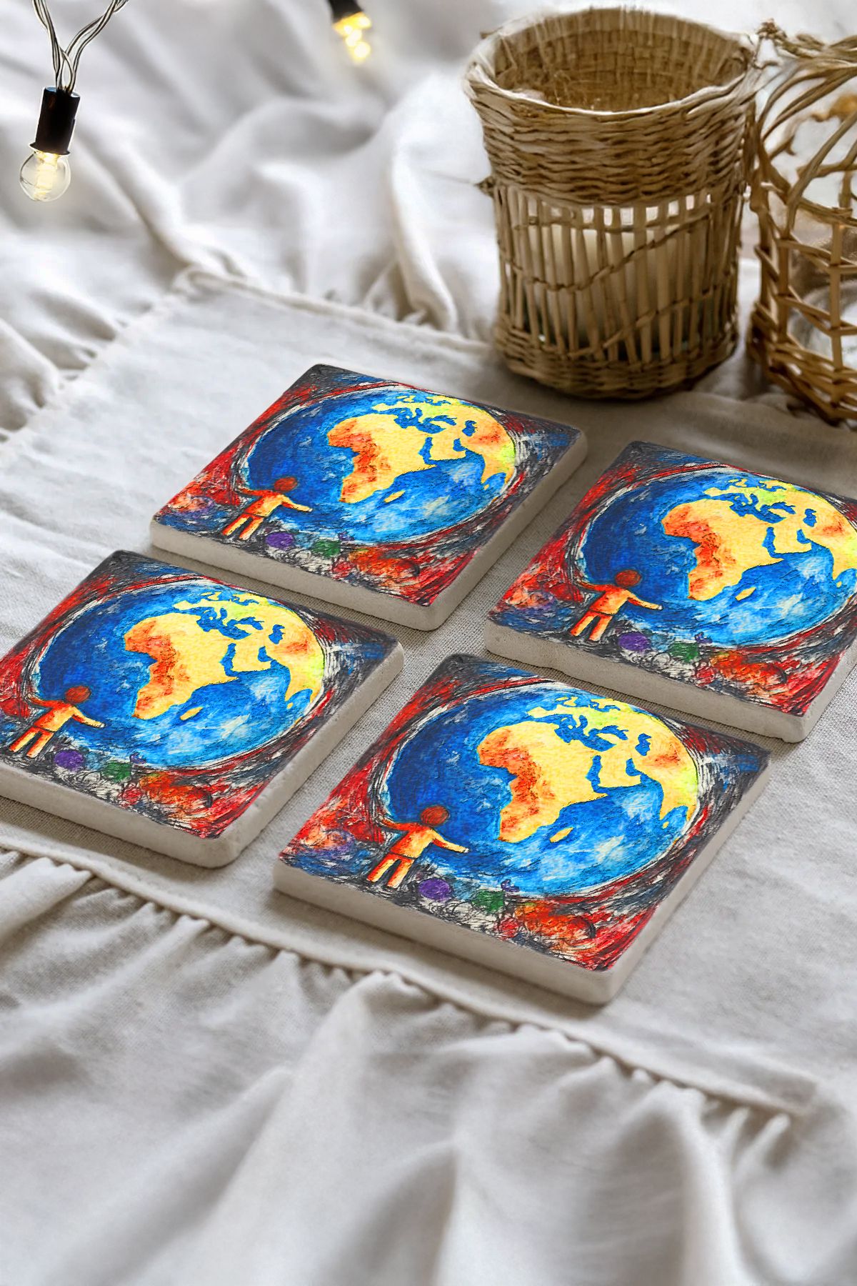 Sionar Seraphina Desenleri Taş Traverten Fincan Bardak Altlığı 4'lü Set 10x10x1cm