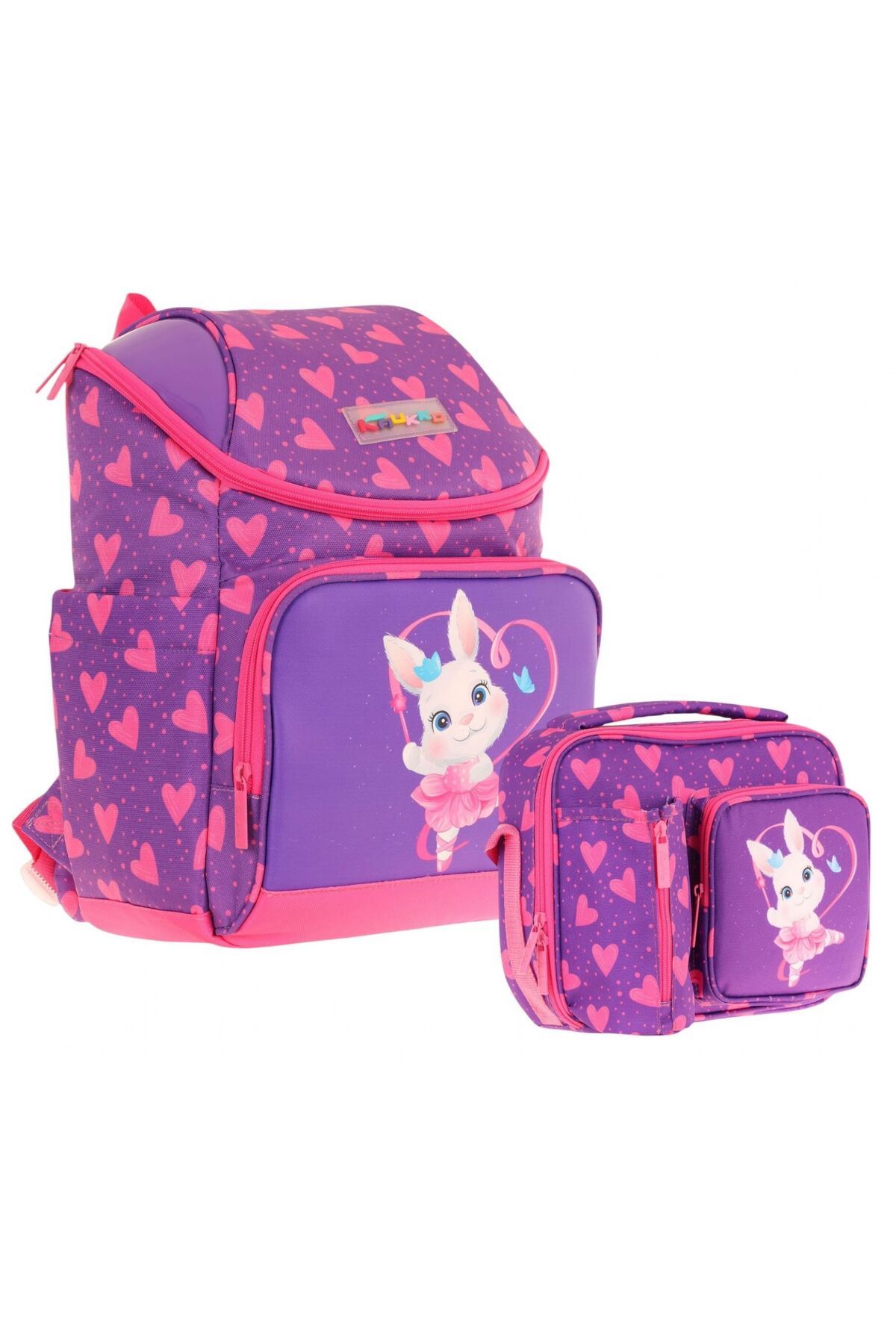 KAUKKO L5246+L7246 Okul Sırt Çantası + Beslenme Çantası Seti - Mor Pembe - Kalpli Tavşan - Kız Çocuk