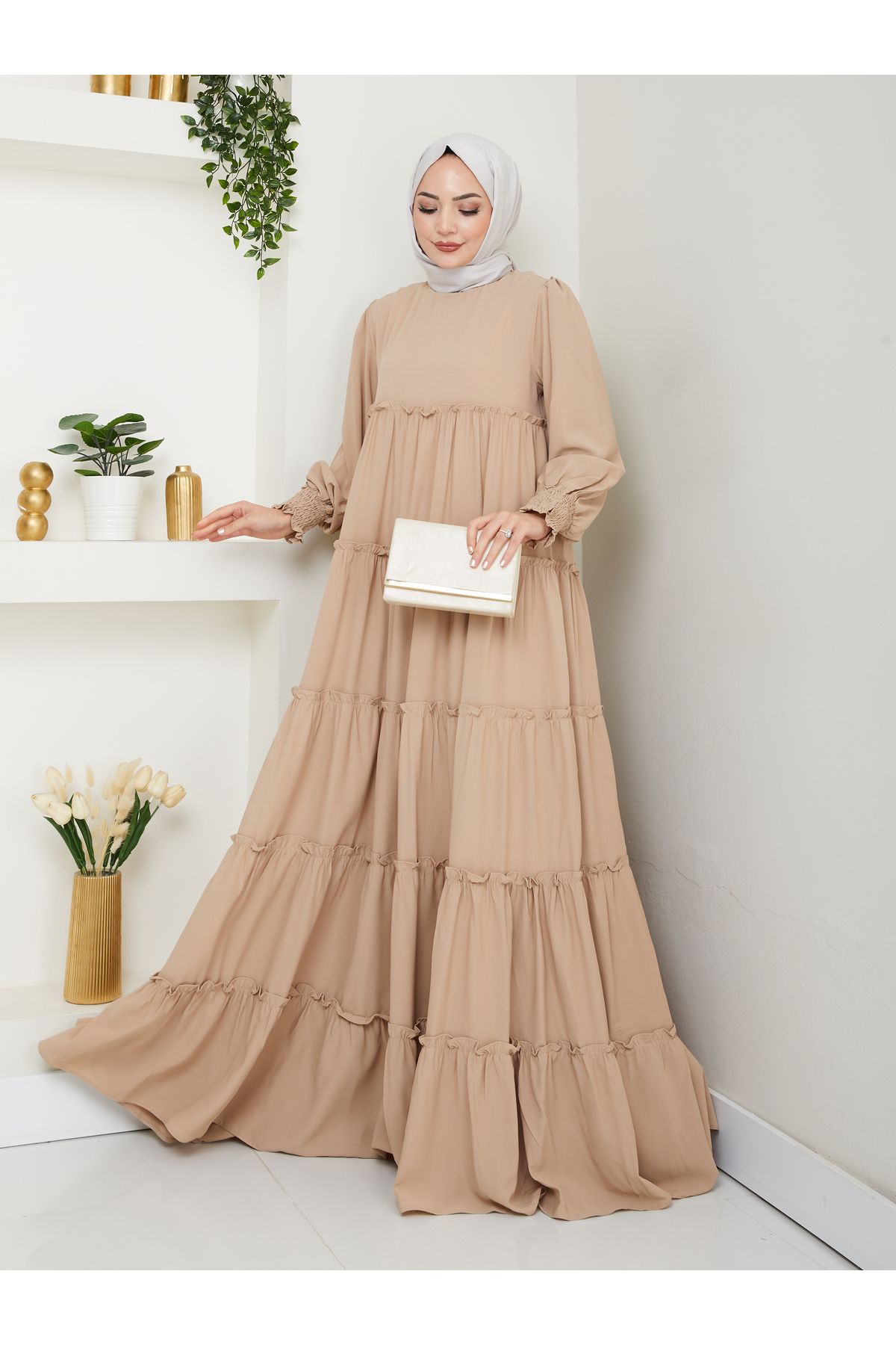 EFSUN MODA KATLI ELBİSE GİPELİ MANŞET KOLU TESETTÜR ELBİSE