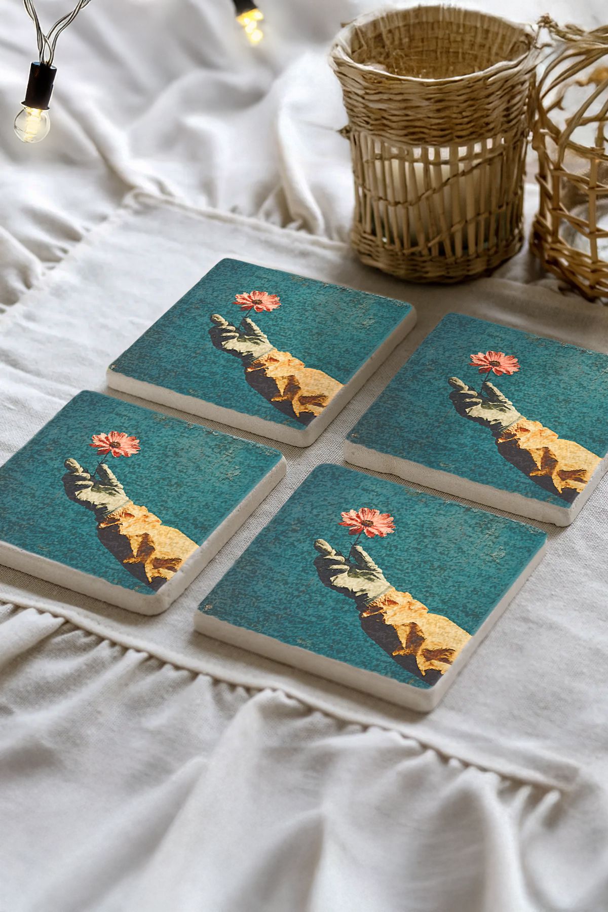 Sionar Marcelliora Desenleri Taş Traverten Fincan Bardak Altlığı 4'lü Set 10x10x1cm