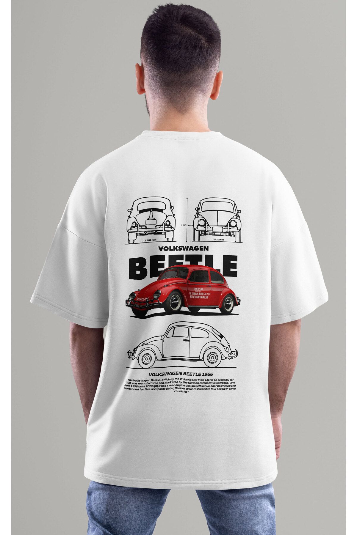 ELFAMİ Unisex Erkek/Kadın BEETLE Renkli Özel Baskılı Oversize Pamuklu Bisiklet Yaka T-Shirt Tişört