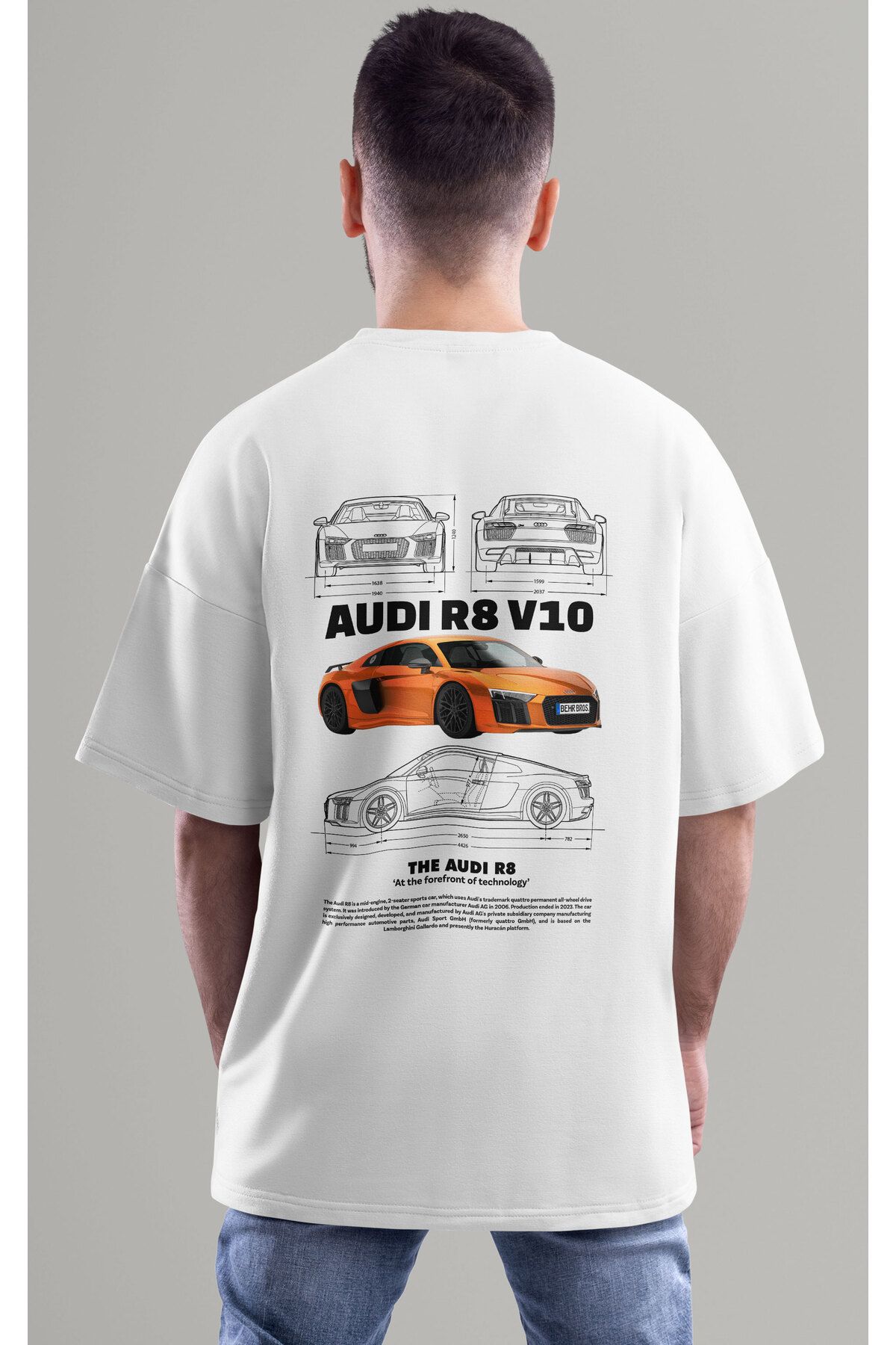 ELFAMİ Unisex Erkek/Kadın AUDI R8 V10 Renkli Özel Baskılı Oversize Pamuklu Bisiklet Yaka T-Shirt Tişört