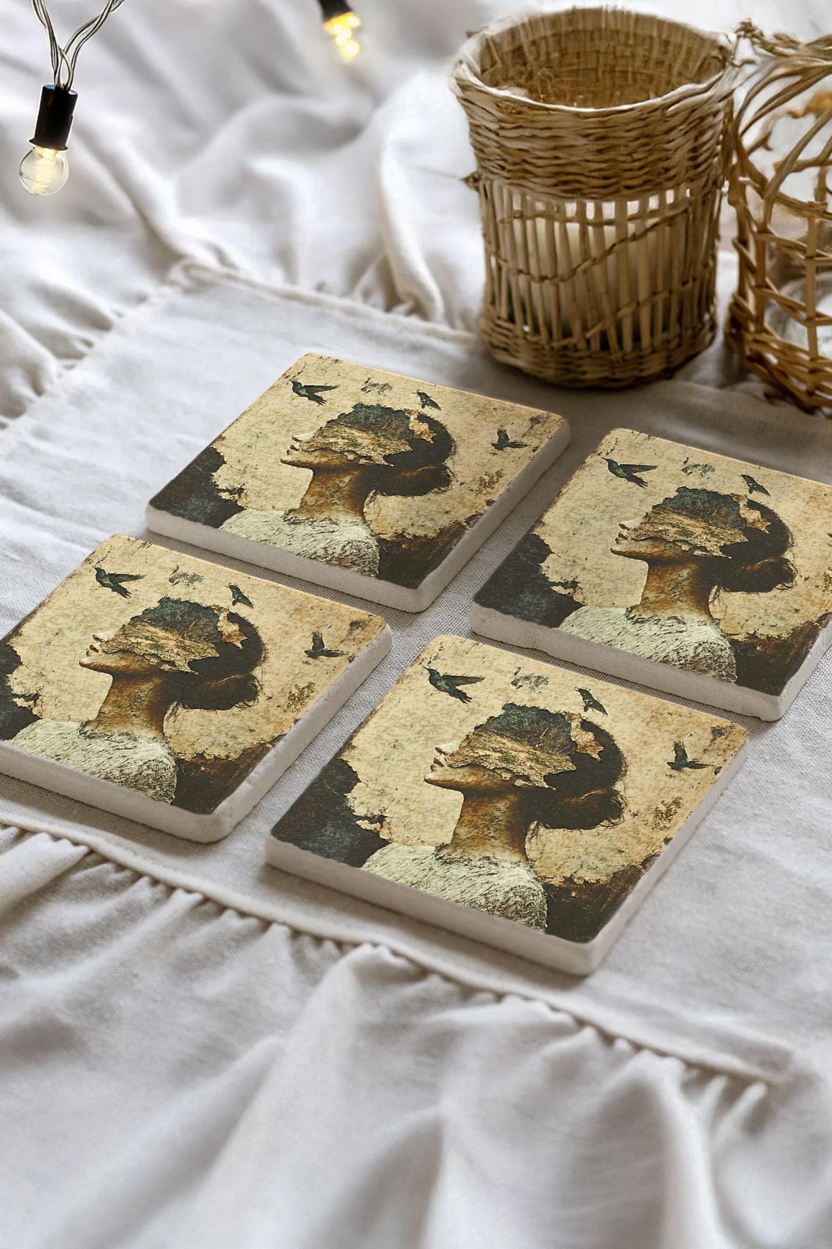 Sionar Donatirena Desenleri Taş Traverten Fincan Bardak Altlığı 4'lü Set 10x10x1cm
