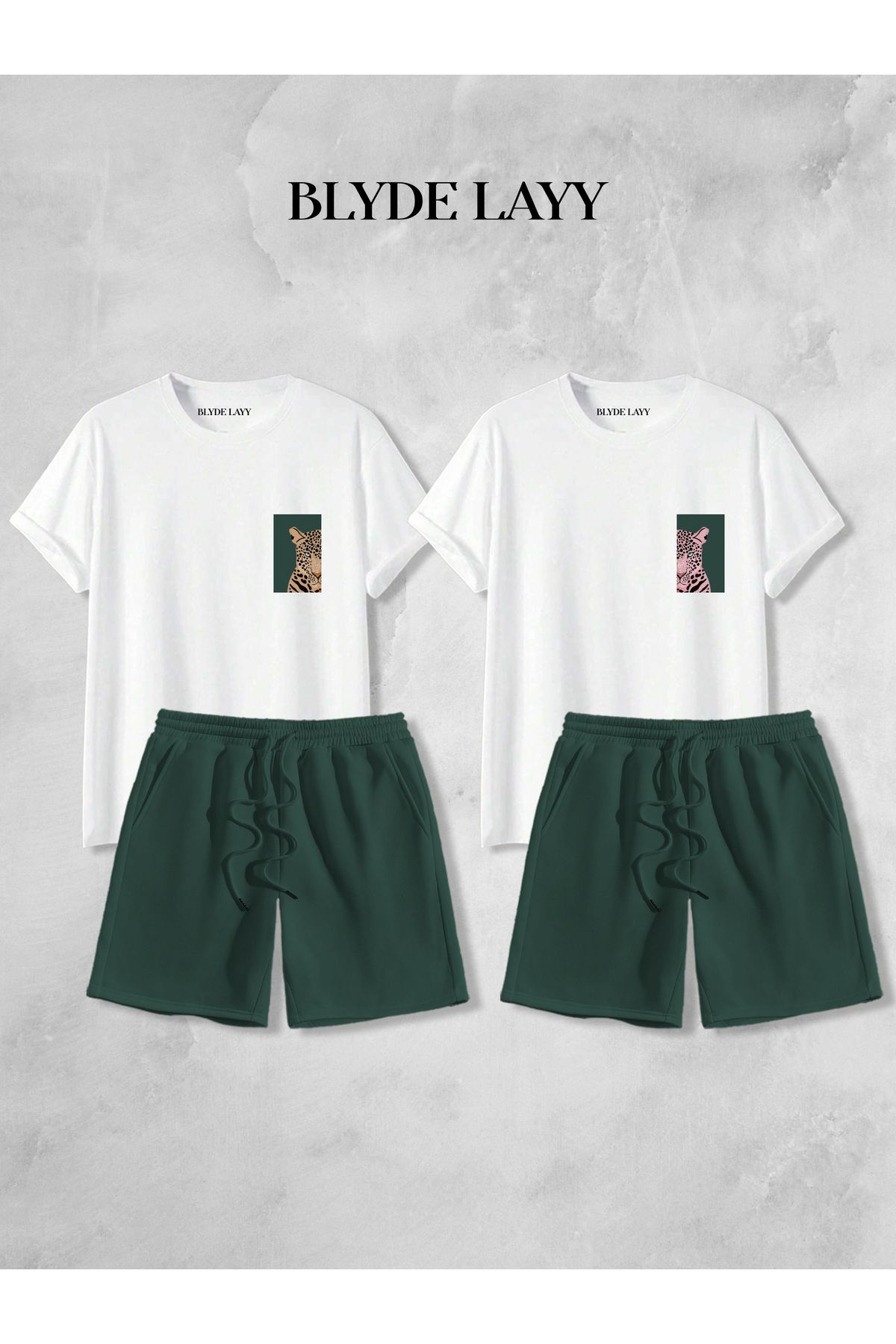 BLYDE LAYY Unisex 2'li Leopar Baskılı Blyde Layy Tasarım Sevgili Kombini (2 Şort - 2 T-shirt Takım)